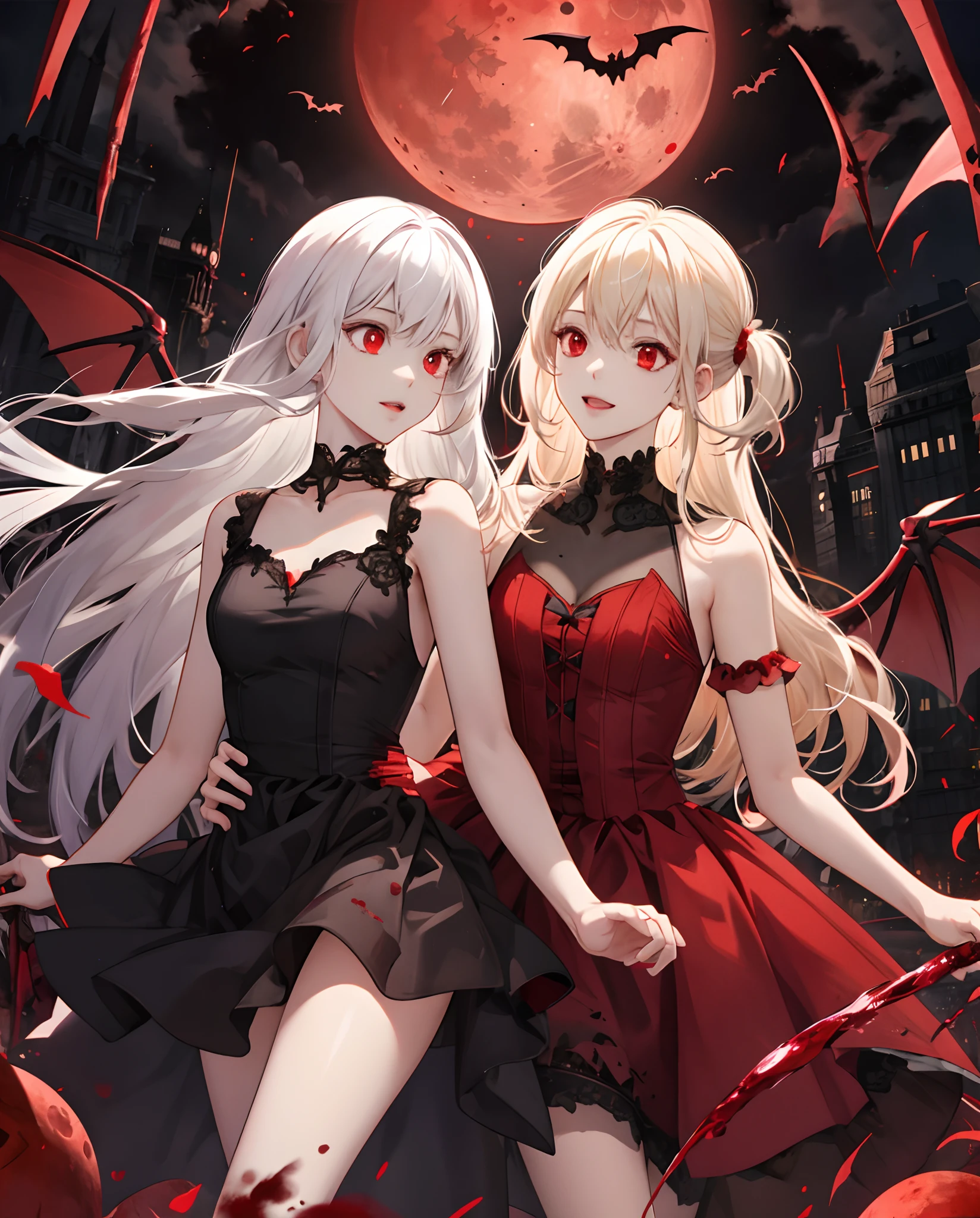 bat girl dress, red moon, blood rain, blood blonde hair, long red eyes, girl, white hair, red eyes, girl, bat wings, 2 people