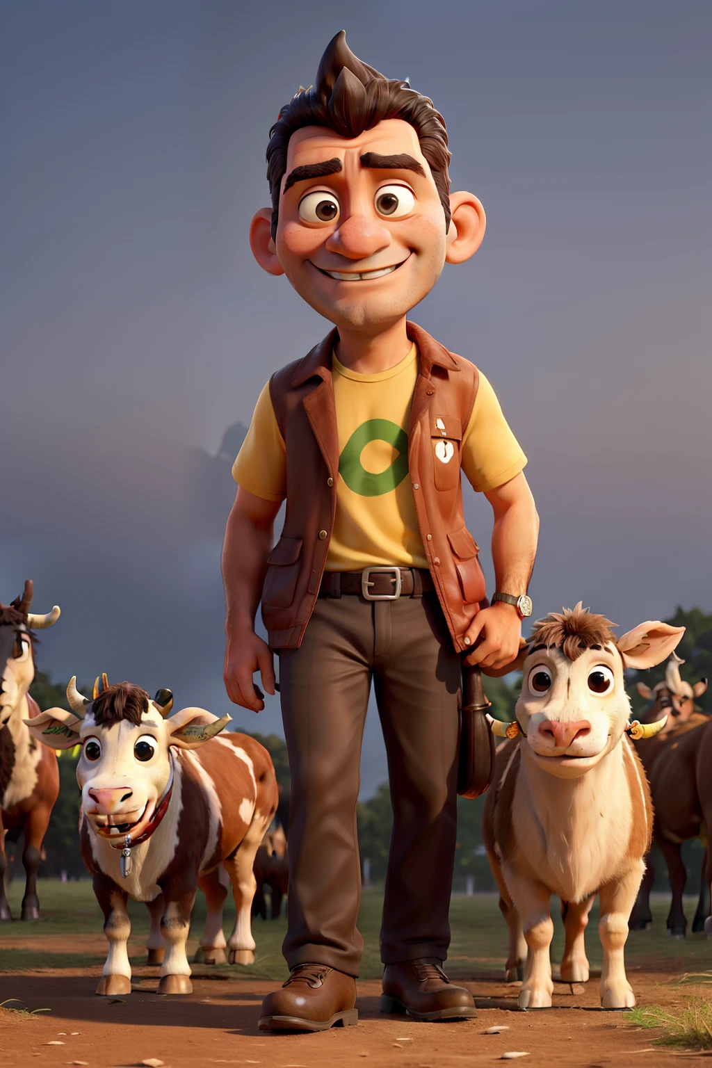 Um velho de pele branca, cabelos curtos, With a horn in his hand, is being followed by a herd of cattle dressed in a T-shirt of the Brazilian national team. Os membros da boiada carregam placas com diferentes dizeres. Alguns apresentam a frase "Good Citizen", enquanto outros dizem "Eu autorizo a ditadura" e "Communism is the left". There are also plaques that mention "Pobre de direita".