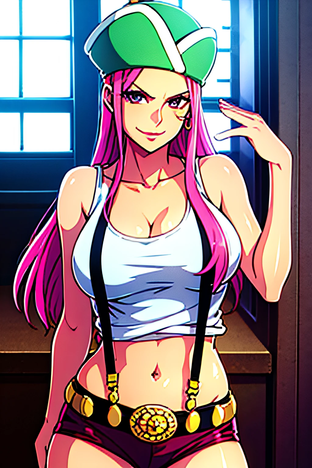 jewelry bonney, long hair, pink hair, purple eyes, collarbone, hat, jewelry, thighhighs, lipstick, earrings, bracelet, shiny skin, midriff, navel, makeup, piercing below eye, smile, cleavage, large breasts, shirt, crop top, short shorts, suspenders, tank top, looking at viewer, white shirt, sleeveless shirt, sleeveless, indoors, bare shoulders, boots, window, frills, 1girl, solo, facing viewer, looking at viewer, upper body, smile,