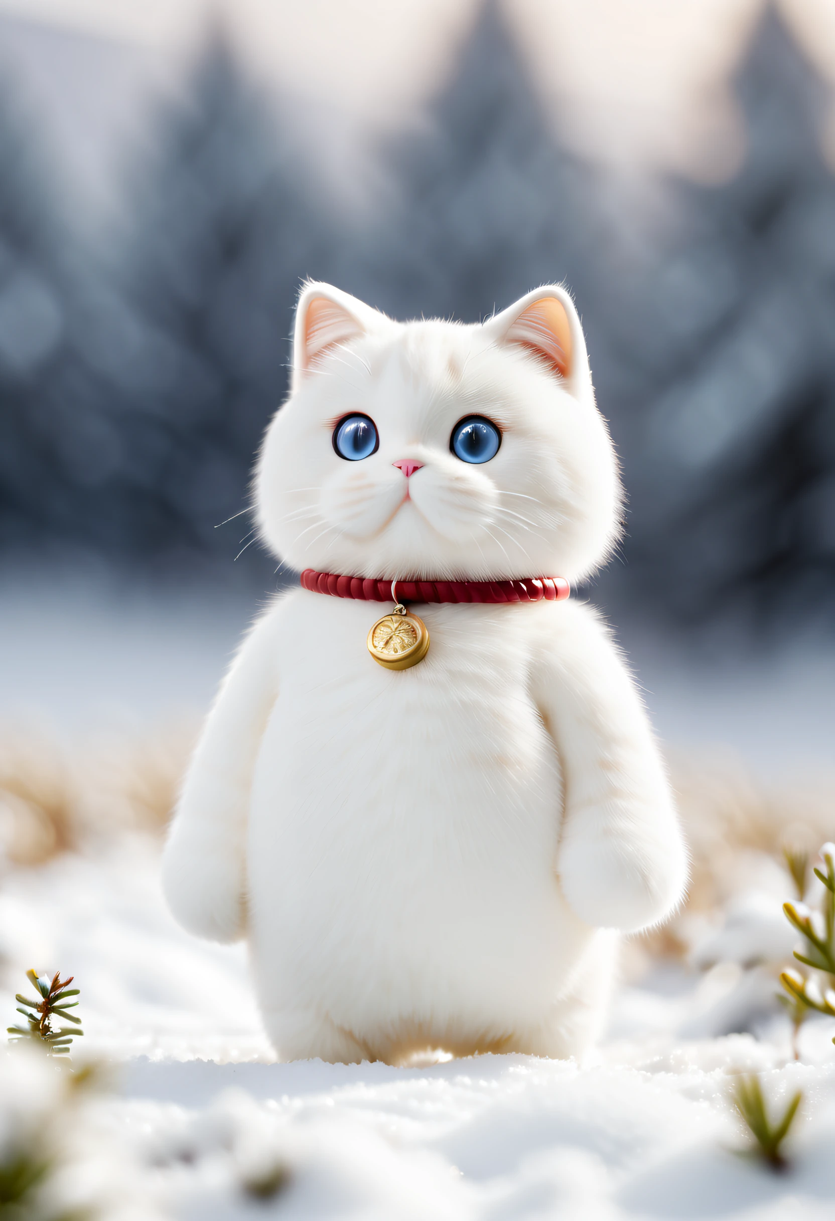 Senimatis photo, White cat tin party animal style,  Standing on a snowy field. Depth blur, 35 mm photo, film, Bokeh, professional, 4K, Highly detailed