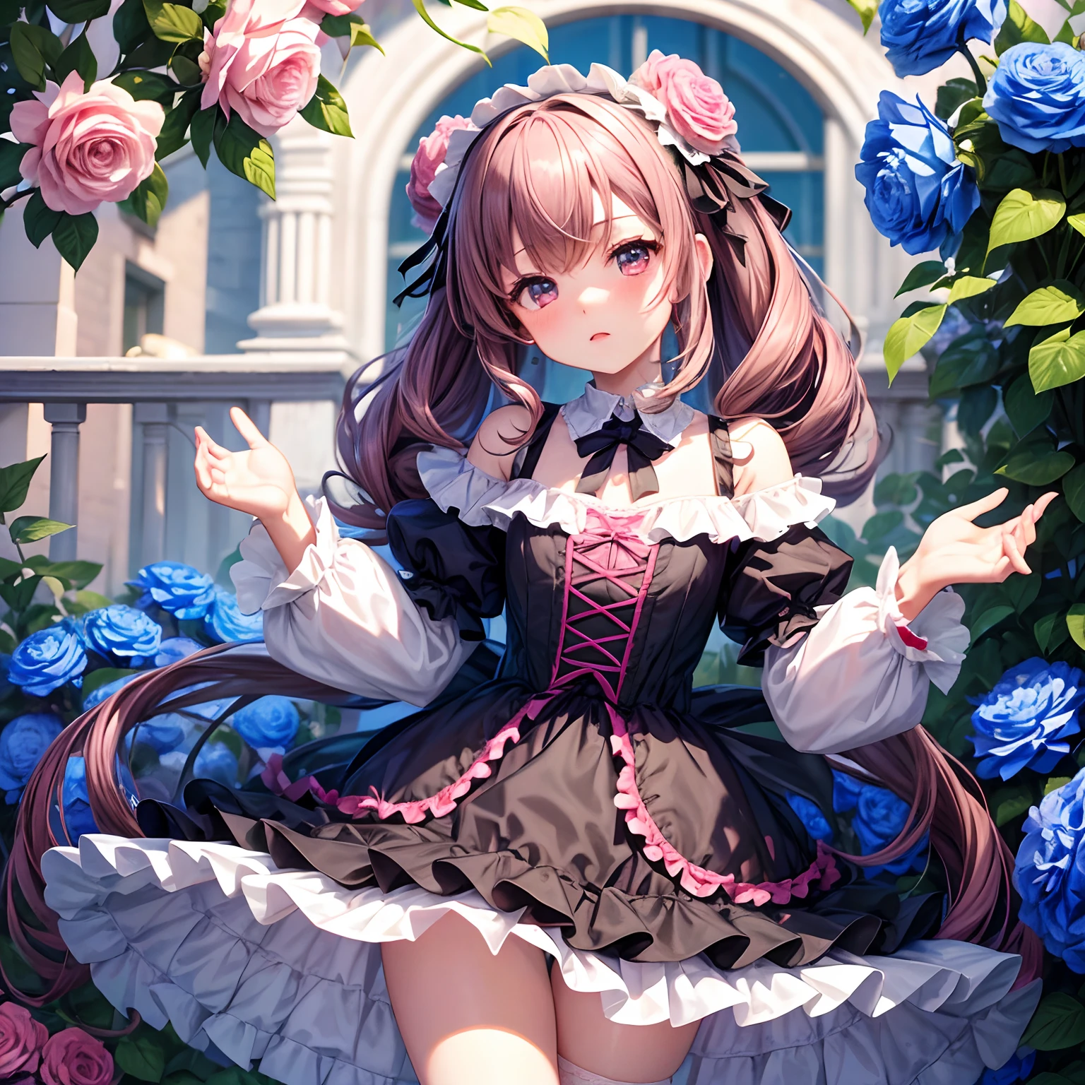 (masterpiece,Highest Quality),(child),a miniskirt,Pink Lolita Clothes,frilly dress,(A dark-haired,Twin-tailed),embarrassed from,Delicate body,Smaller chest,petite body,Nemophila menziesii up to the shoulder,roses