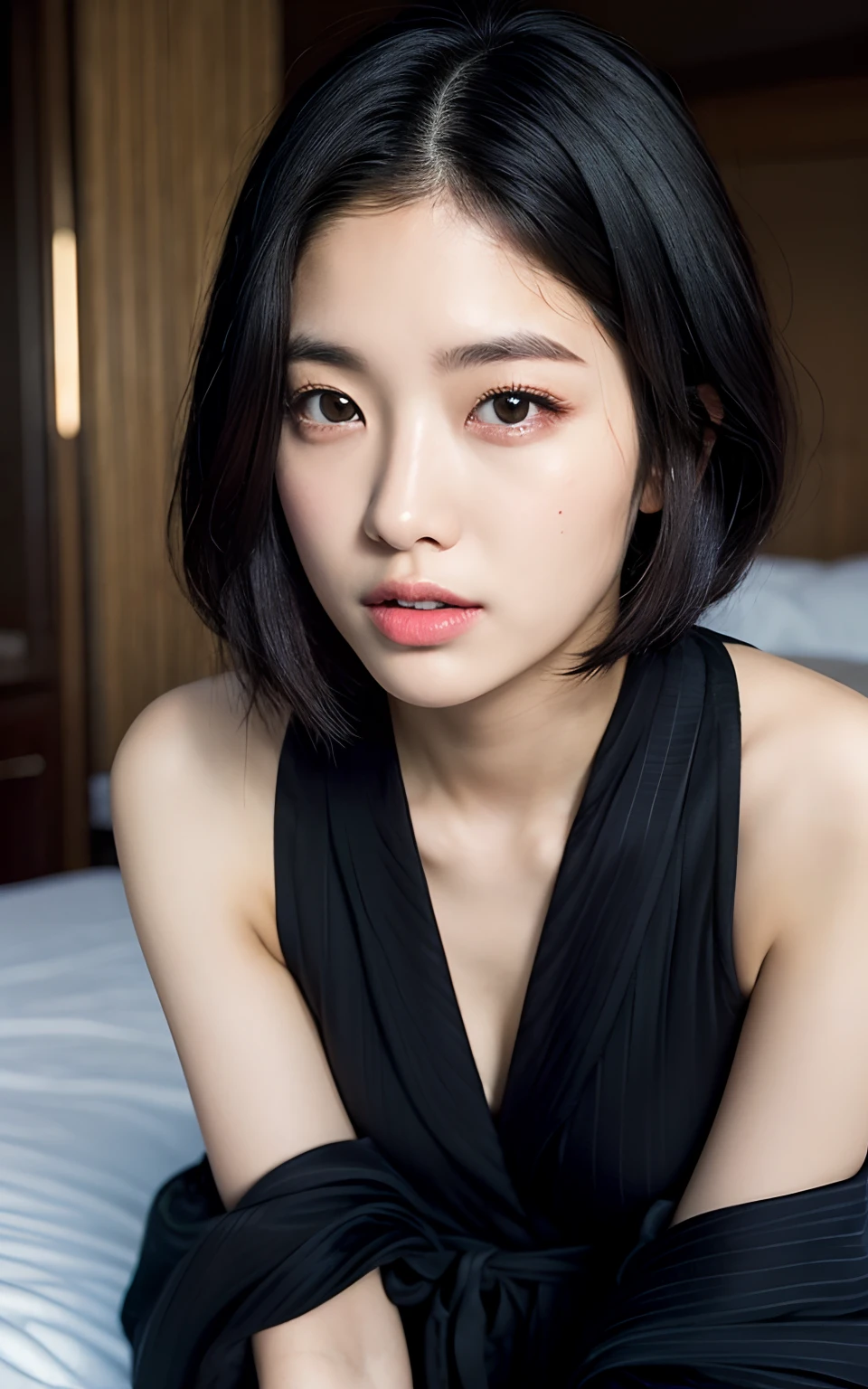 Highly detailed CG Unity 8k wallpaper, top quality, super detailed, masterpiece, realistic, photorealistic, highly detailed cute girl, 25 years old, ((black hair: 1.4)), ((dyed black)), (gal), round eyes, viewer, blush, parted lips, semi-body shot, (bathrobe) , bed , all fours ,short hair, ria_sunda