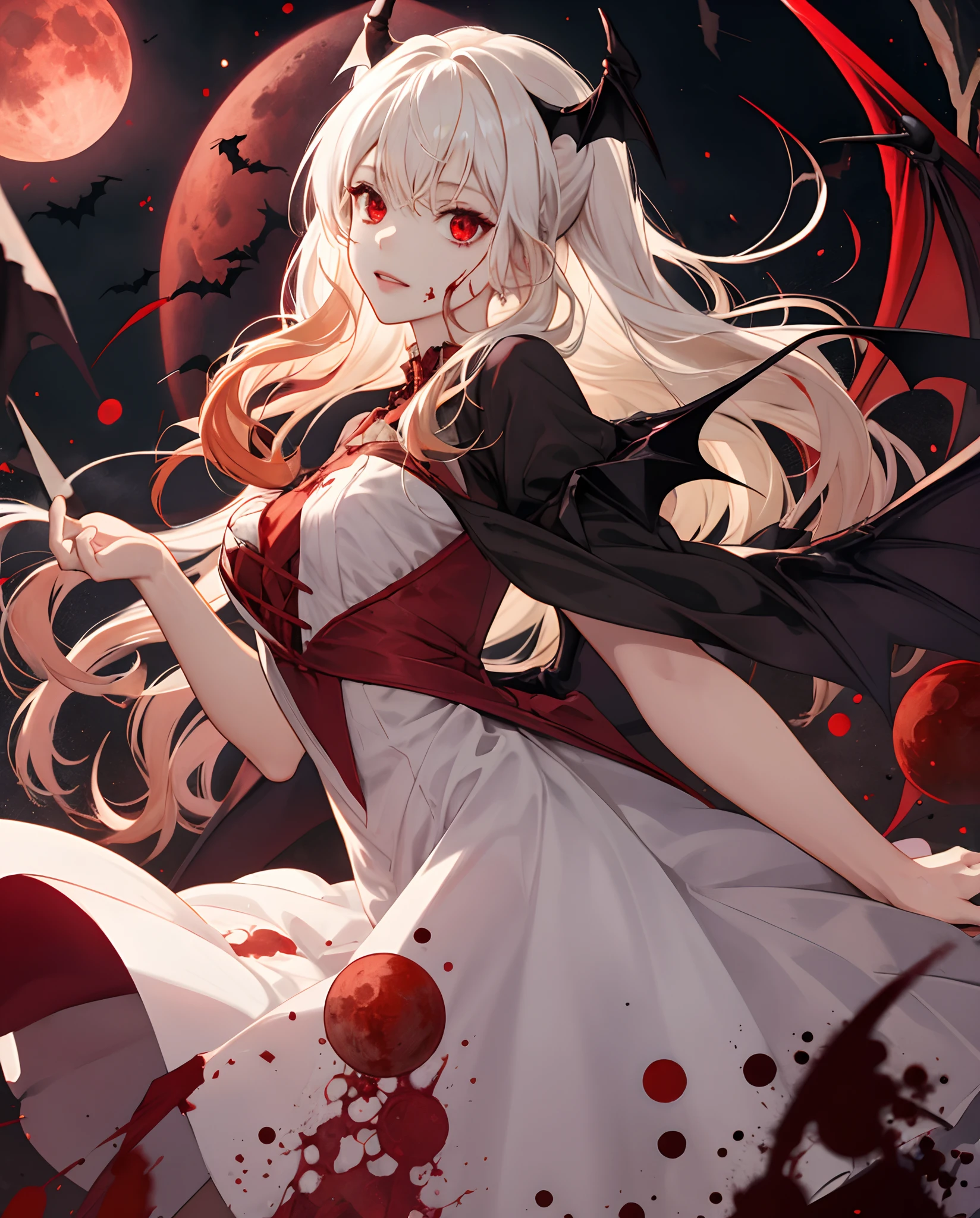 bat girl dress, red moon, blood rain, blood blonde hair, long red eyes, girl, white hair, red eyes, girl, bat wings, 2 people