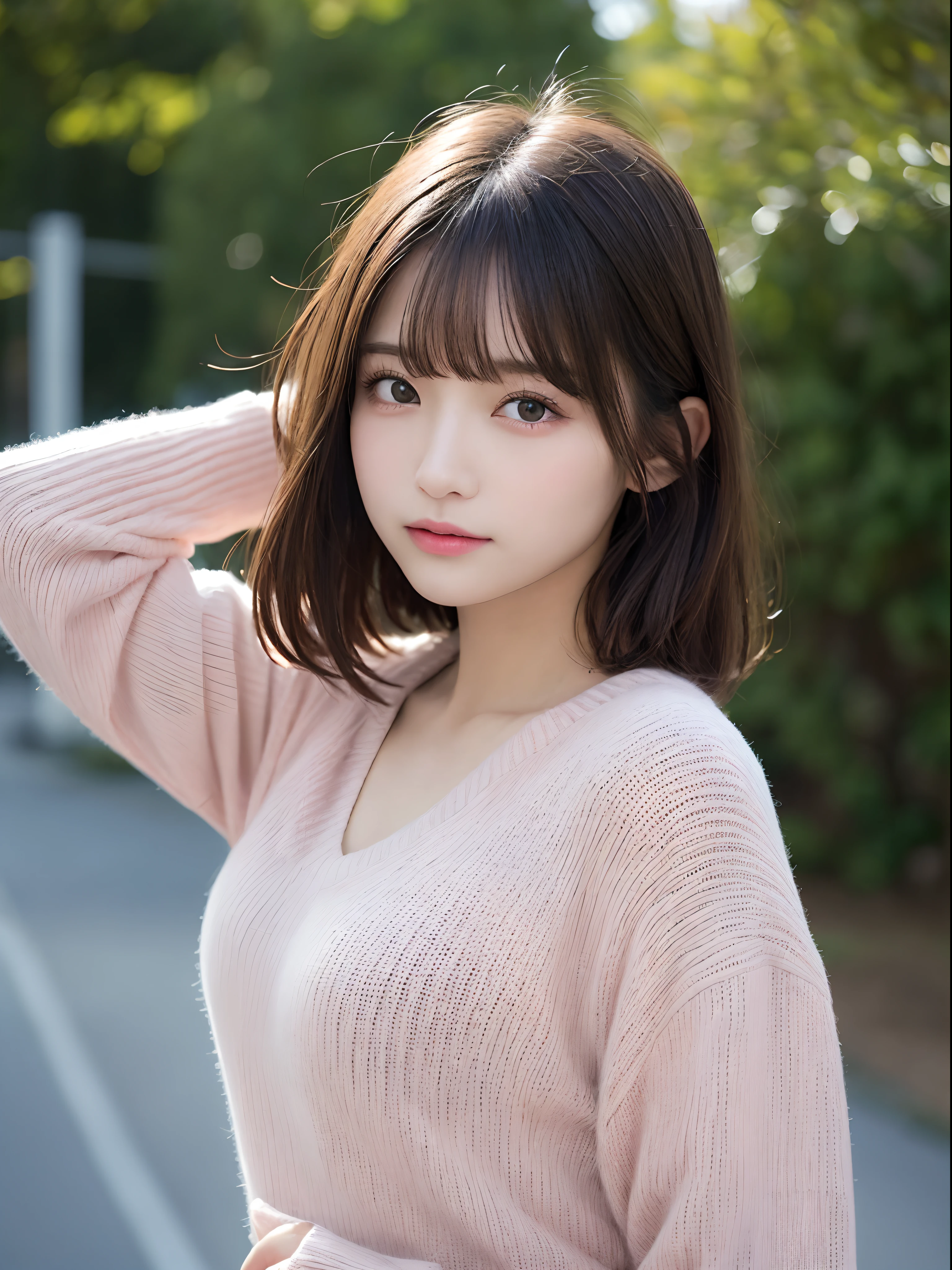 Detailed details,、hight resolution、hightquality、Perfect dynamic composition、Beautiful detailed eyes、short-hair、Small breasts、Natural Color Lip、Kamimei、Shibuya、20 years girl、1 persons、Transparent skin、Glowing hair、masutepiece、Best Quality、finely detail、hight resolution、8K、The correct state of the human body、Wearing a pink knitted dress、randome pose、Gravure Model Pose、Hair soaring in the wind