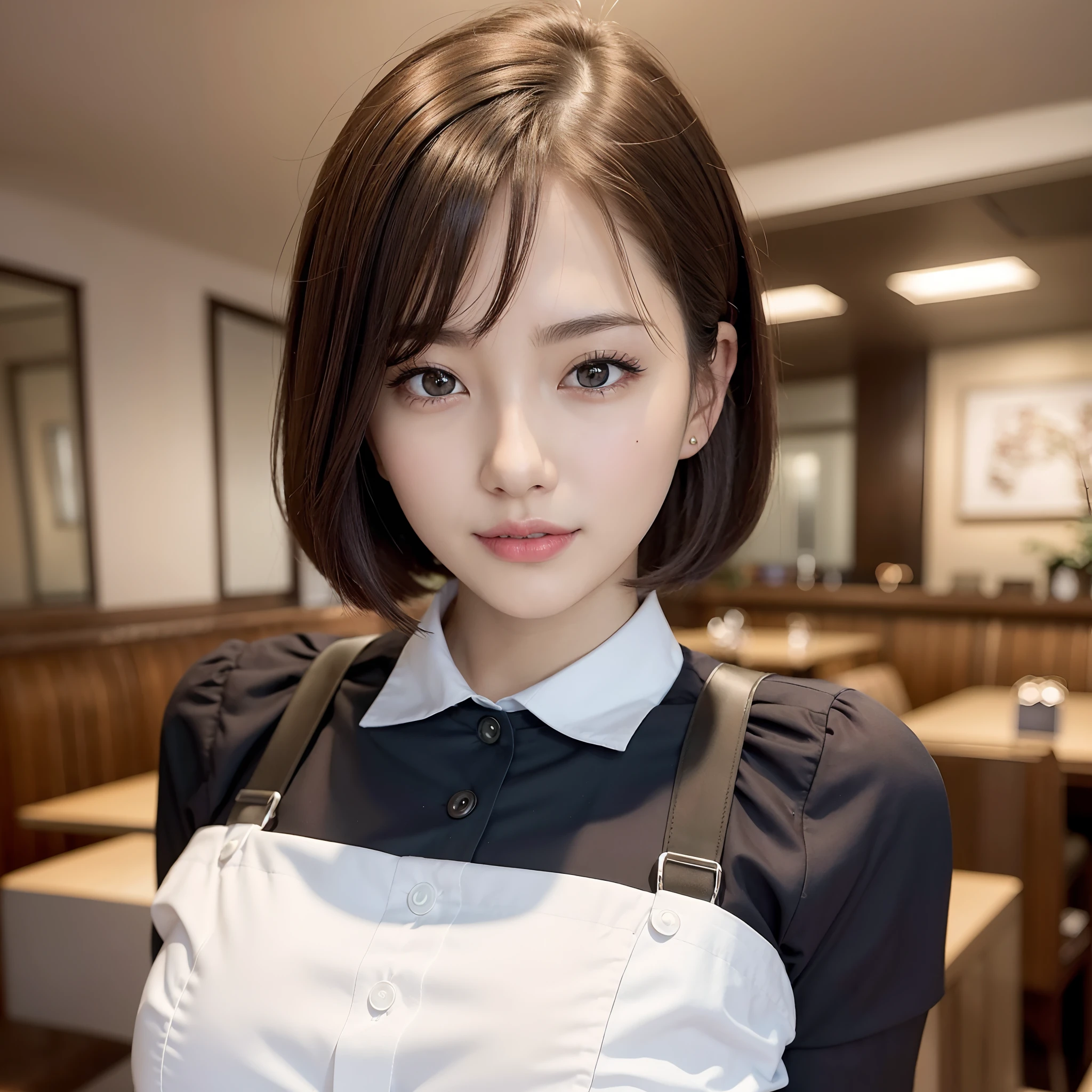 Top quality, Ultra realistic, Very dense, (Waitress uniform,Adult female in her early twenties,1 woman), Perfect body depiction, Light brown short hair, Perfect and beautiful face, Proportions without defects, Beautiful body line, Body depiction without breakdown, Red lips, Smile, Big tits, In the restaurant, ( Non-revealing costume)), She is working, Dense and realistic skin