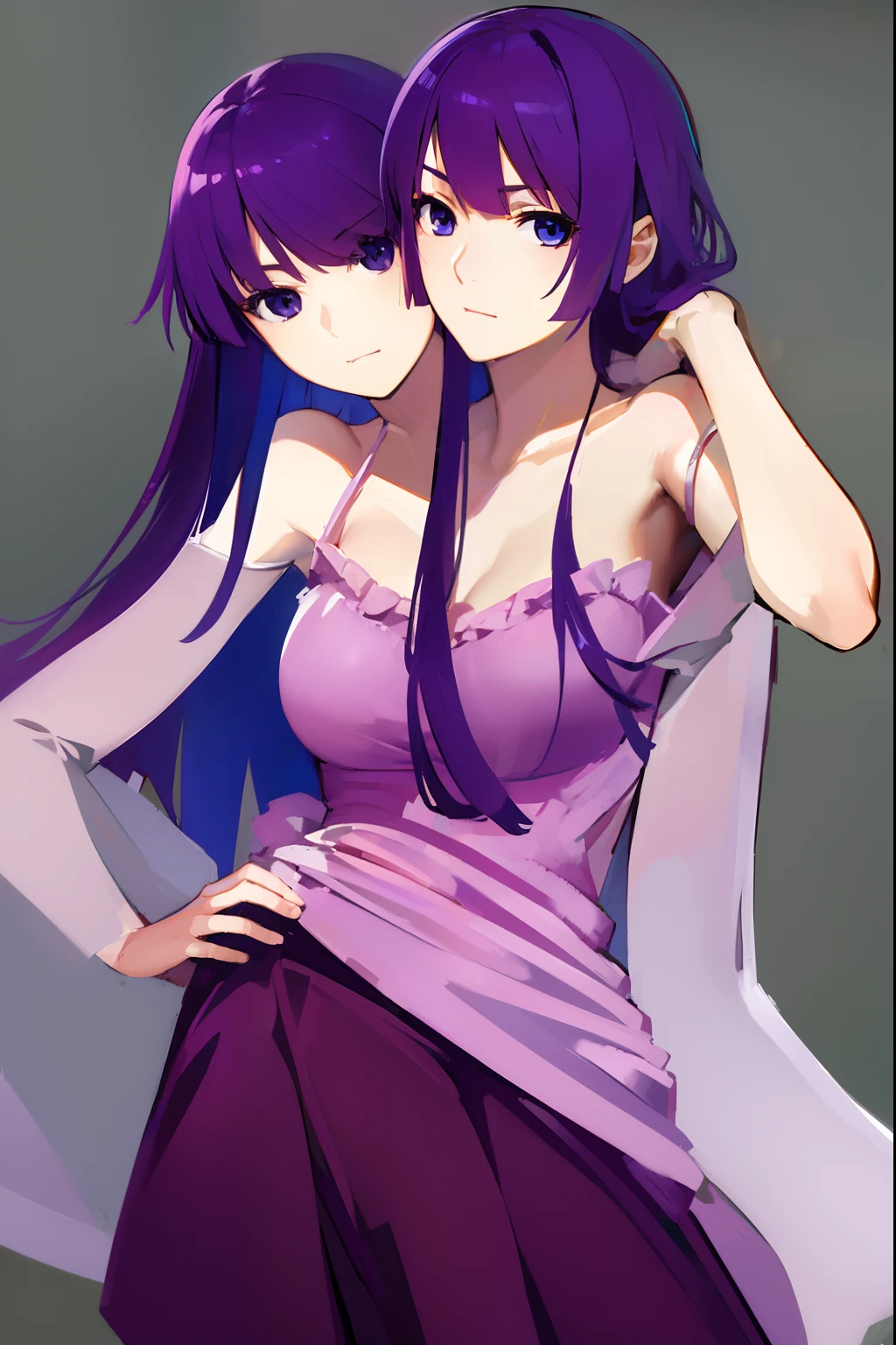 (masterpiece, best quality), best resolution, (2heads:1.5), 1girl, senjougahara hitagi character with two heads, two heads, long hair, blue eyes, purple hair, (medium breast:1.2),