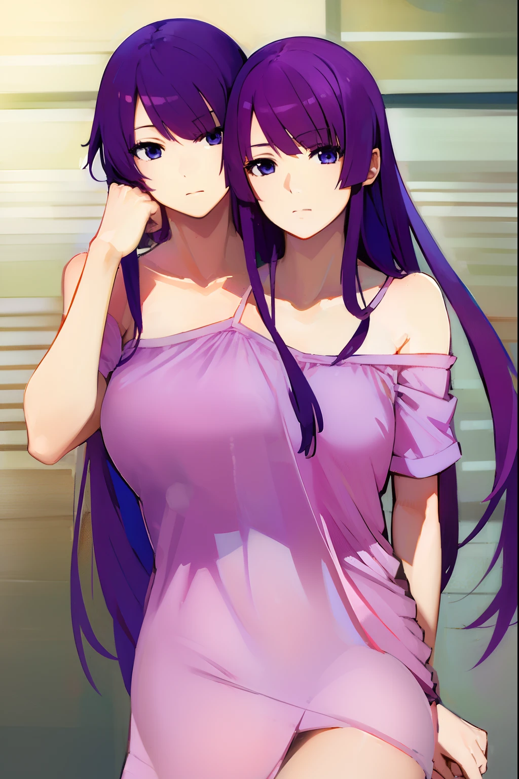 (masterpiece, best quality), best resolution, (2heads:1.5), 1girl, senjougahara hitagi character with two heads, two heads, long hair, blue eyes, purple hair, (medium breast:1.2),