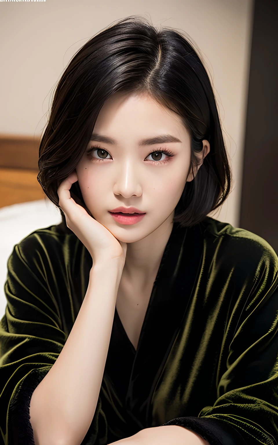 Highly detailed CG Unity 8k wallpaper, top quality, super detailed, masterpiece, realistic, photorealistic, highly detailed cute girl, 25 years old, ((black hair: 1.4)), ((dyed black)), (gal), round eyes, viewer, blush, parted lips, semi-body shot, (bathrobe) , bed , all fours ,short hair, ria_sunda