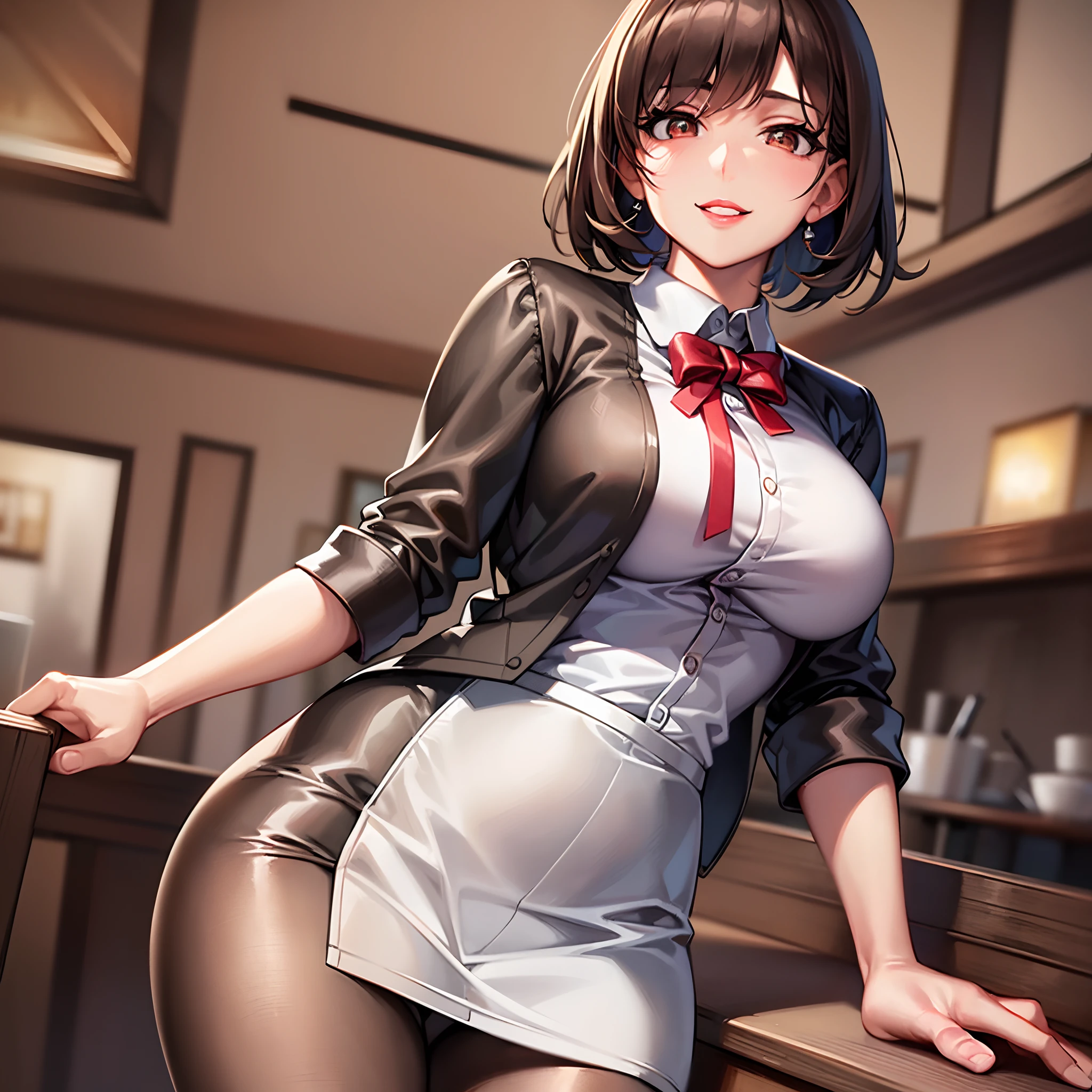 Top quality, Ultra realistic, Very dense, (Waitress uniform,Adult female in her early twenties,1 woman), Perfect body depiction, Light brown short hair, Perfect and beautiful face, Proportions without defects, Beautiful body line, Body depiction without breakdown, Red lips, Smile, In the restaurant, ( Non-revealing costume)), She is working, Dense realistic skin