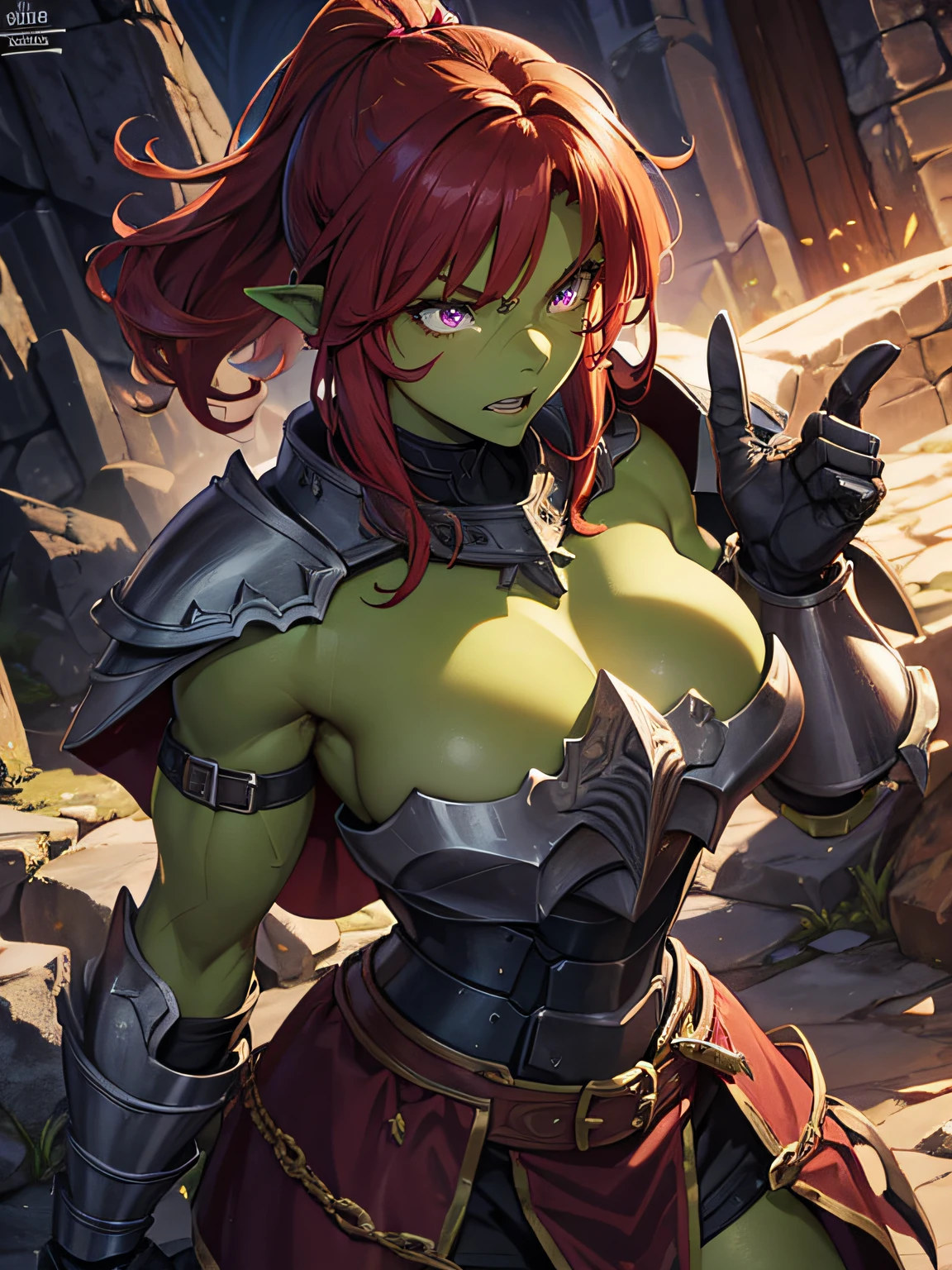 Close up, fantasy world, medieval, cave, mining operation, fortifications, orc, humanoid, muscular, tusks, large scar on face, her skin is a green skin color, green skin colour, purple eyes, messy red hair mullet style, angry expression, steel armour, threatening armour, chest plate, gauntlets, red cape