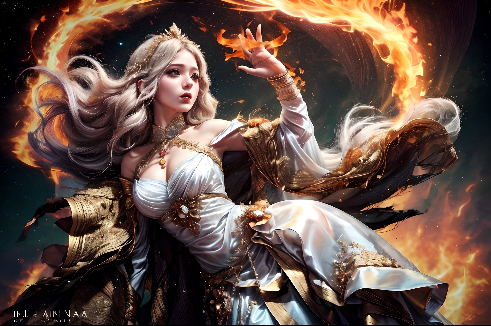 una mujer con un vestido blanco sosteniendo una bola de fuego, Karol behind UHD, 4K fantasy art, Epic Fantasy Art Style HD, hd fantasy art, Detailed fantasy art, High quality fantasy art, beautiful fantasy art, 8k fantasy art, detailed fantasy digital art, Fantasy Woman, highly detailed fantasy art, very beautiful fantasy art, breathtaking fantasy art, Fantasy style art