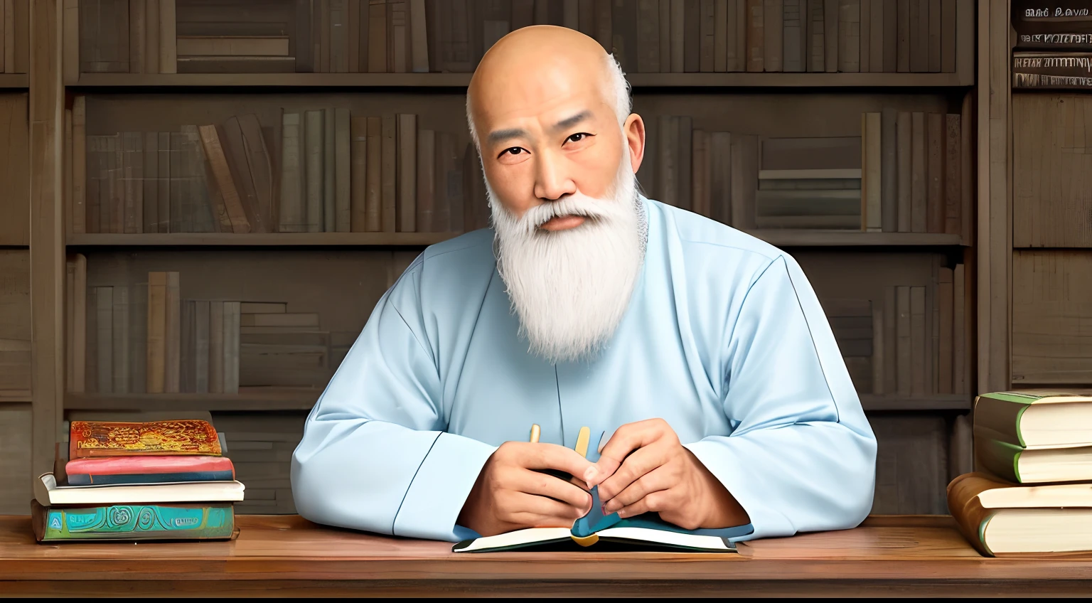 Visualize an elderly Asian man, around 80 years old, with a long white beard, a bald head, and dressed in traditional attire from an ancient era. His face is directed straight ahead, adorned with a gentle smile that exudes wisdom and serenity. The table before him is filled with an assortment of books, while behind him stands a bookshelf overflowing with knowledge and wisdom. Capture the essence of this scene, using your artistic talents to bring this image to life. Portray the man's tranquil presence, his profound insight, and the abundance of knowledge surrounding him, symbolizing a lifetime devoted to learning and understanding