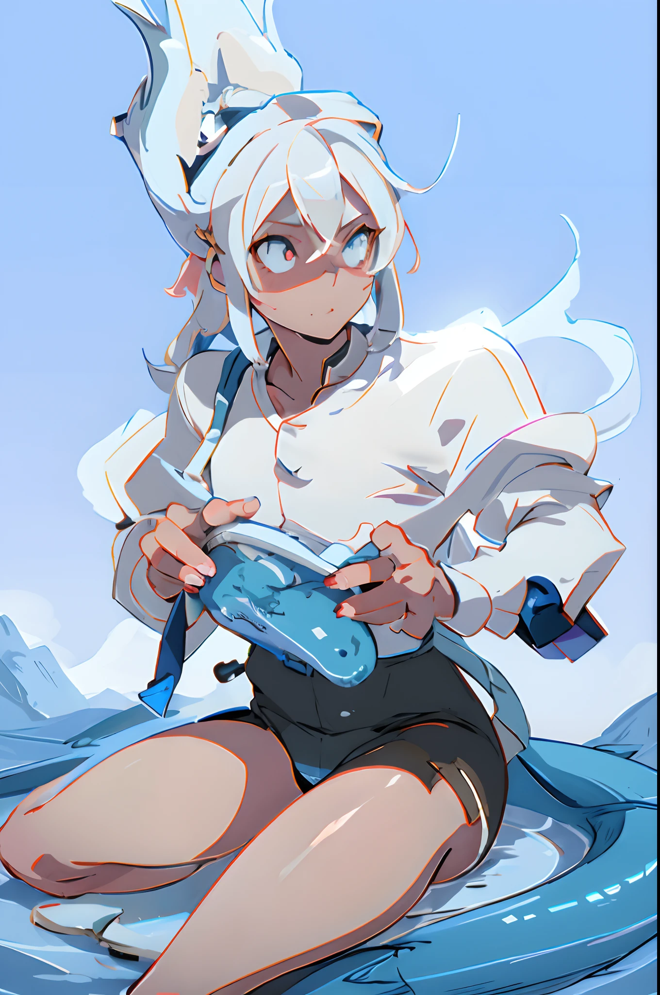 Anime girl sitting on a blue dragon holding a game console, Kantai collection style, 2 d anime style, Splash art anime Loli, hero 2 d fanart artsation, Loli, white cyan, anime moe art style, Game art!!, High Quality Anime Art Style, Digital anime illustration, Genshin, Official artwork, aqua from konosuba, anime art style