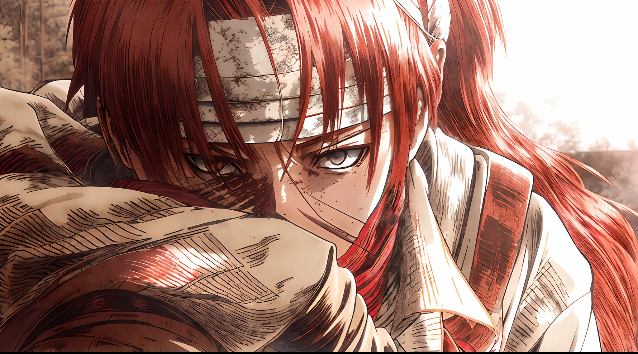 anime - style image of a woman with red hair and a scarf, from kenshin, snk, cool shading, fan art, close-up!!!!!, eren jaeger, advanced digital anime art ”, from attack on titan, eren yeager, inspired by Kawabata Ryūshi, levi ackerman, anime shading), mikasa ackerman