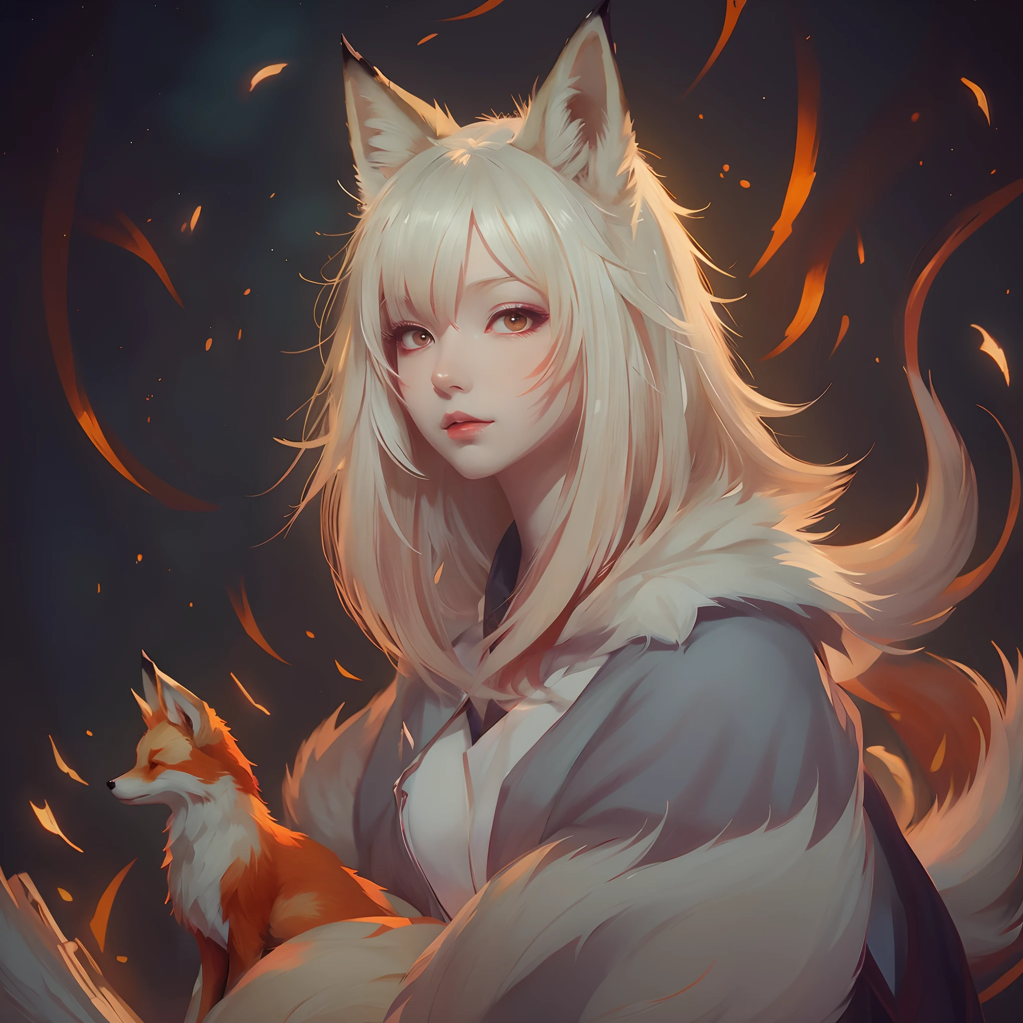 anime girl with short hair and a fox, a beautiful red fox lady, white - haired fox, beautiful character painting, by Yang J, beautiful anime portrait, girl with fox ears, a beautiful kitsune woman, by Ni Tian, artwork in the style of guweiz, guweiz, by Ren Renfa, kitsune, soft anime illustration, soft dark background