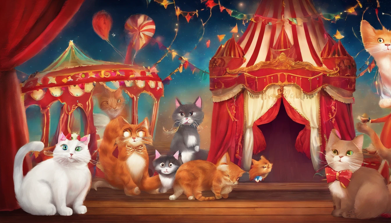 Cat Circus parede　Fantastic atmosphere　Picture book illustrations　Overall, the color is strong red