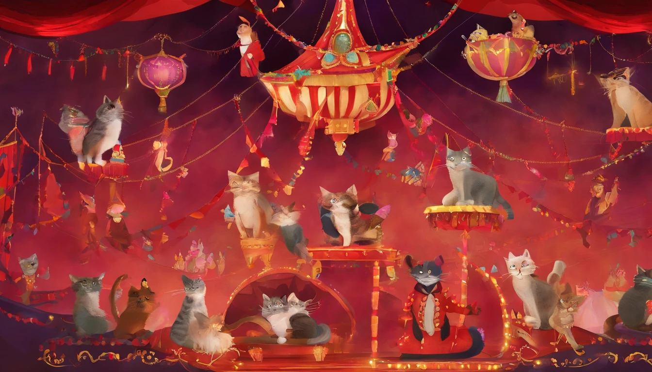 Cat Circus parede Fantastic atmosphere Picture book illustrations Overall, the color is strong red