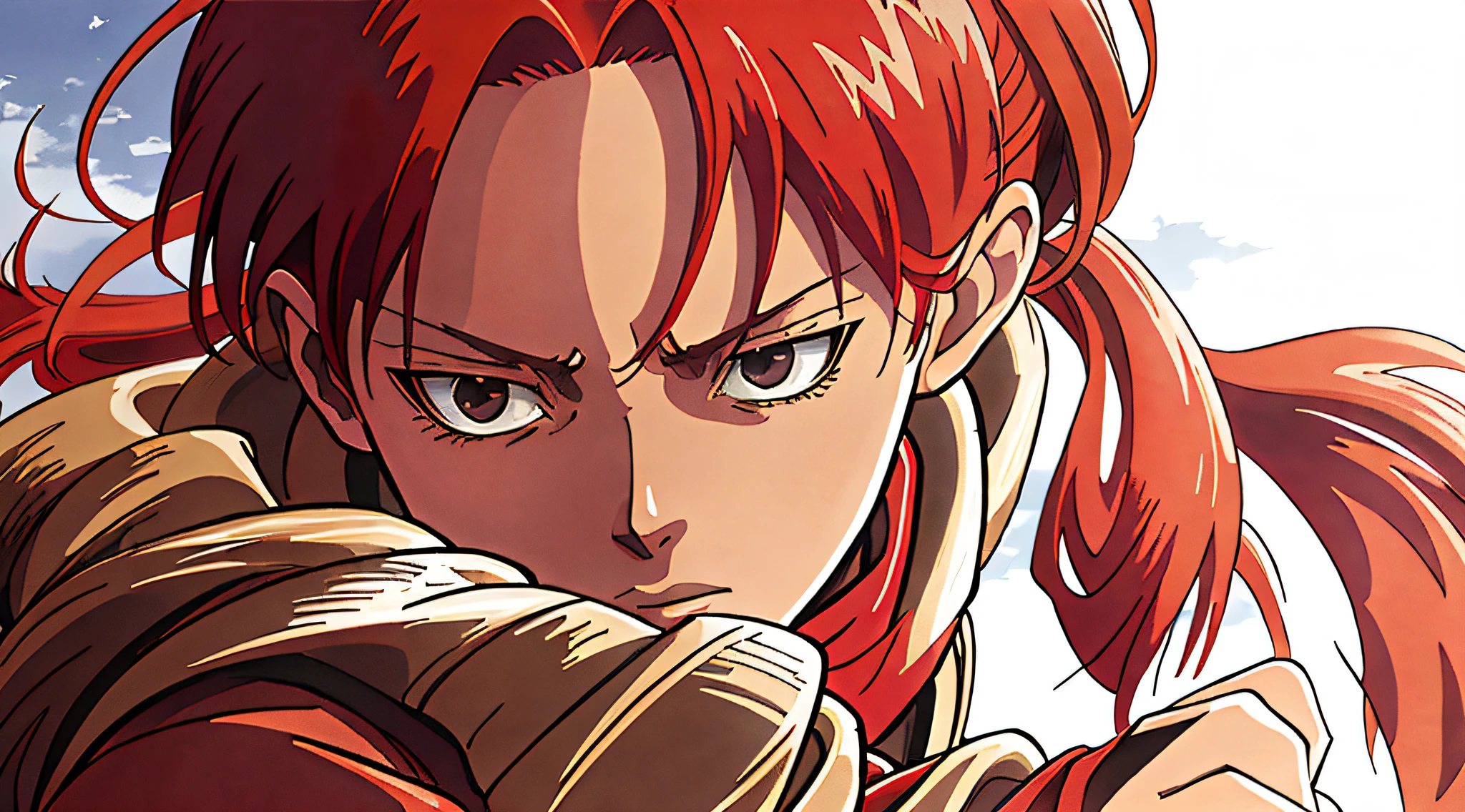 anime - style image of a woman with red hair and a scarf, from kenshin, snk, cool shading, fan art, close-up!!!!!, eren jaeger, advanced digital anime art ”, from attack on titan, eren yeager, inspired by Kawabata Ryūshi, levi ackerman, anime shading), mikasa ackerman