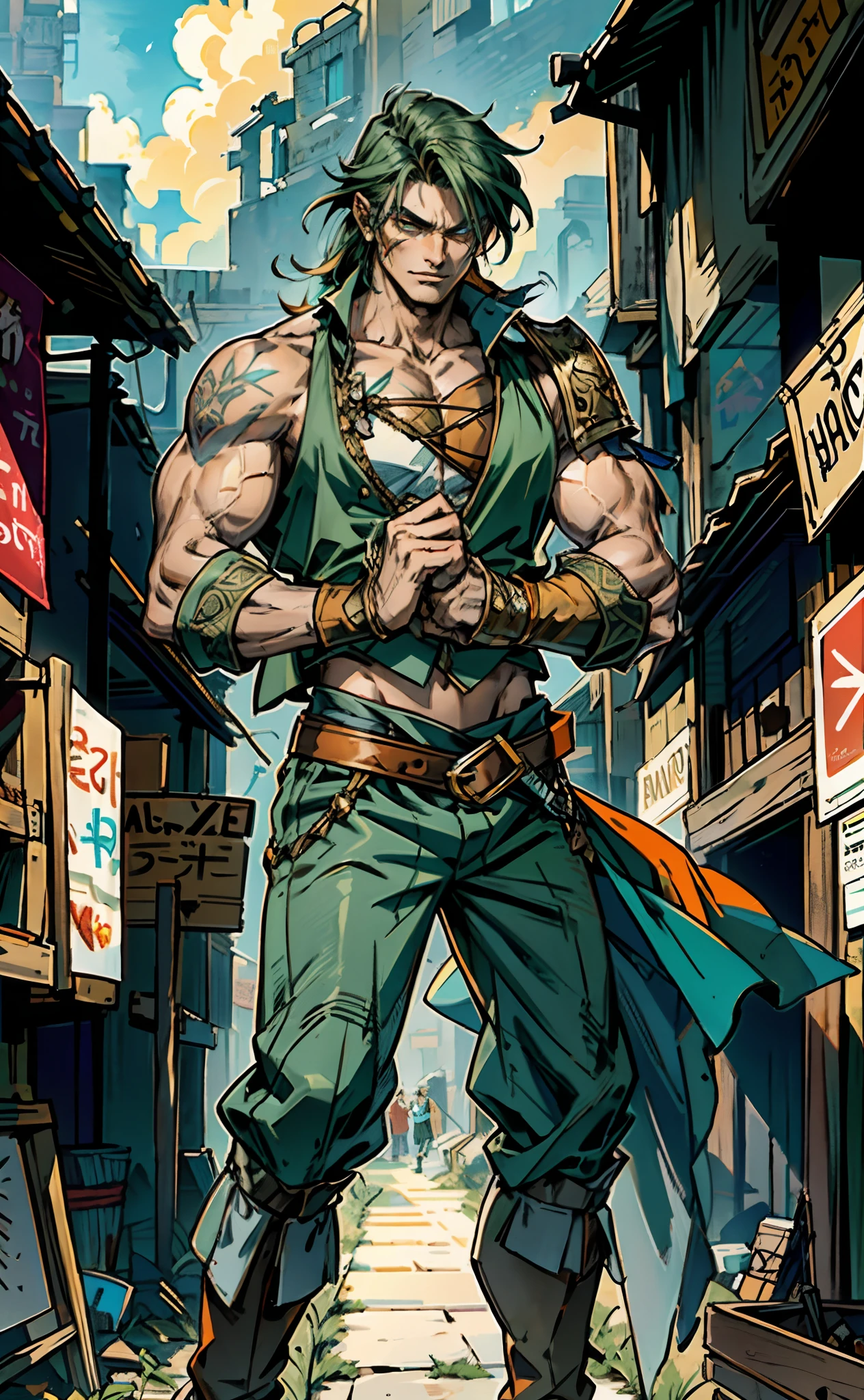 A young man, long orange-green hair, with the lengthy hair bangs covering most of his face, a fierce gaze, a wild smile, a red stripe on the side of his face, a loose and simple sleeveless dark vest, exposing his sturdy muscles, wearing fabric wrist guards, coarse cloth trousers matching the outfit, he clenches his fists in front of his chest, assuming a combat-ready stance, the backdrop features a bustling market in a medieval fantasy-style setting, this character embodies a finely crafted fantasy-style street thug in anime style, characterized by an exquisite and mature manga illustration art style, high definition, best quality, highres, ultra-detailed, ultra-fine painting, extremely delicate, professional, anatomically correct, symmetrical face, extremely detailed eyes and face, high quality eyes, creativity, RAW photo, UHD, 8k, Natural light, cinematic lighting, masterpiece-anatomy-perfect, masterpiece:1.5