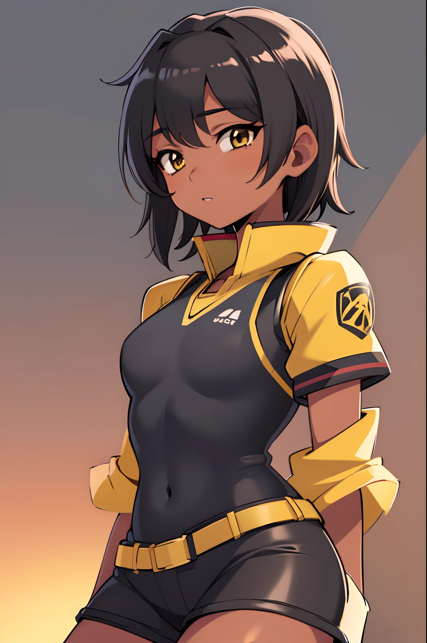 Solo, Best quality, Masterpiece, Extremely detailed CG, Extremely detailed 8k wallpaper, extremely detailed character, (An extremely delicate and beautiful portrait), Portrait, Solo, Sharp focus, Dark-skinned tomboy girl with (((shaved on the side))) Head, Black hair, Yellow eyes, Detailed close-up portrait, Wear a sports vest
