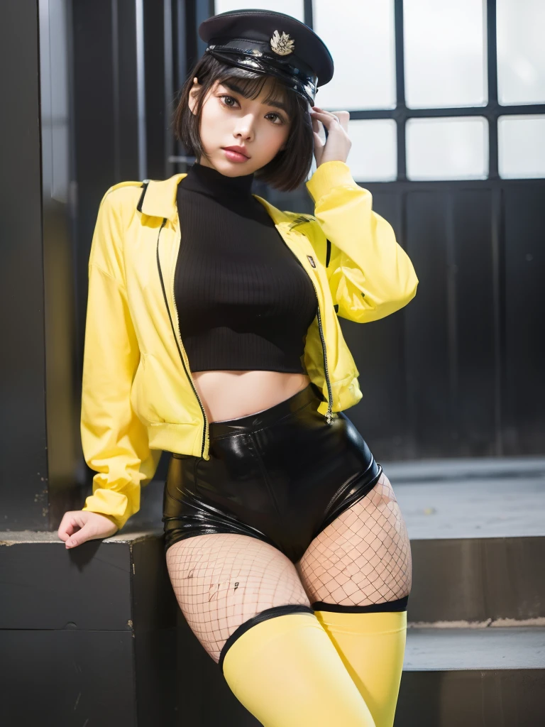 Military Uniform Fashion Idol、Fluorescent Yellow Uniform（Military Cap、、Black shorts）、Reluctant、Inside the Secret Base、short-hair、full body Esbian、fishnet tights