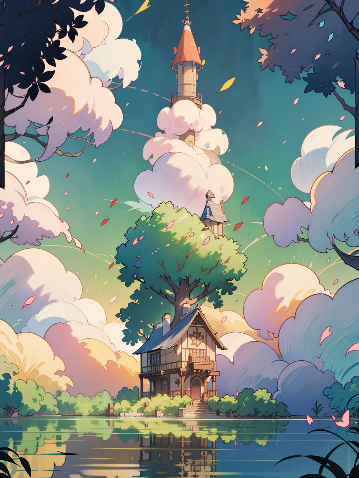 Masterpiece, best quality, (very detailed CG unity 8k wallpaper) (best quality), (best illustration), (best shadows) Nature, paradise lake, delicate leaves petals of various colors falling in the air, light Tracking, super detailed , autumn --v6