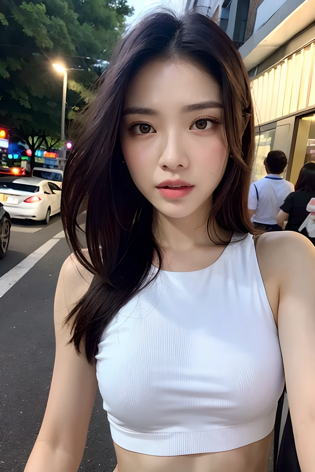 ((Realistic lighting, Best quality, 8K, Masterpiece: 1.3)), Clear focus: 1.2, 1girl, Perfect Figure: 1.4, Slim Abs: 1.1, ((Dark hair)), (White crop top: 1.4), (Outdoor, Night: 1.1), City streets, Super fine face, Fine eyes, Double eyelids, ria_sunda