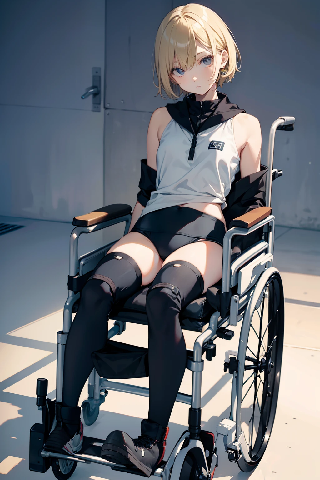 top-quality、Full limbs、complete fingers、Slender beauty、Being in a wheelchair、Belted boots、Black knee pads、straight haired、short-hair、Blonde short、School swim wear、Small eyes、Infirmary