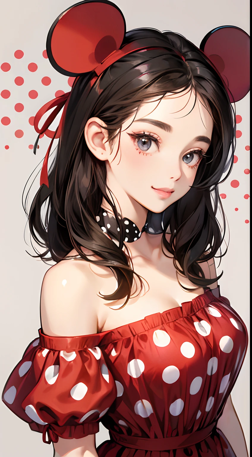 Beautiful woman in the same outfit as Minnie Mouse、smil、Dark hair、Black eyes、She wears a red ribbon with white polka dots on her head、The background is pop and cute...