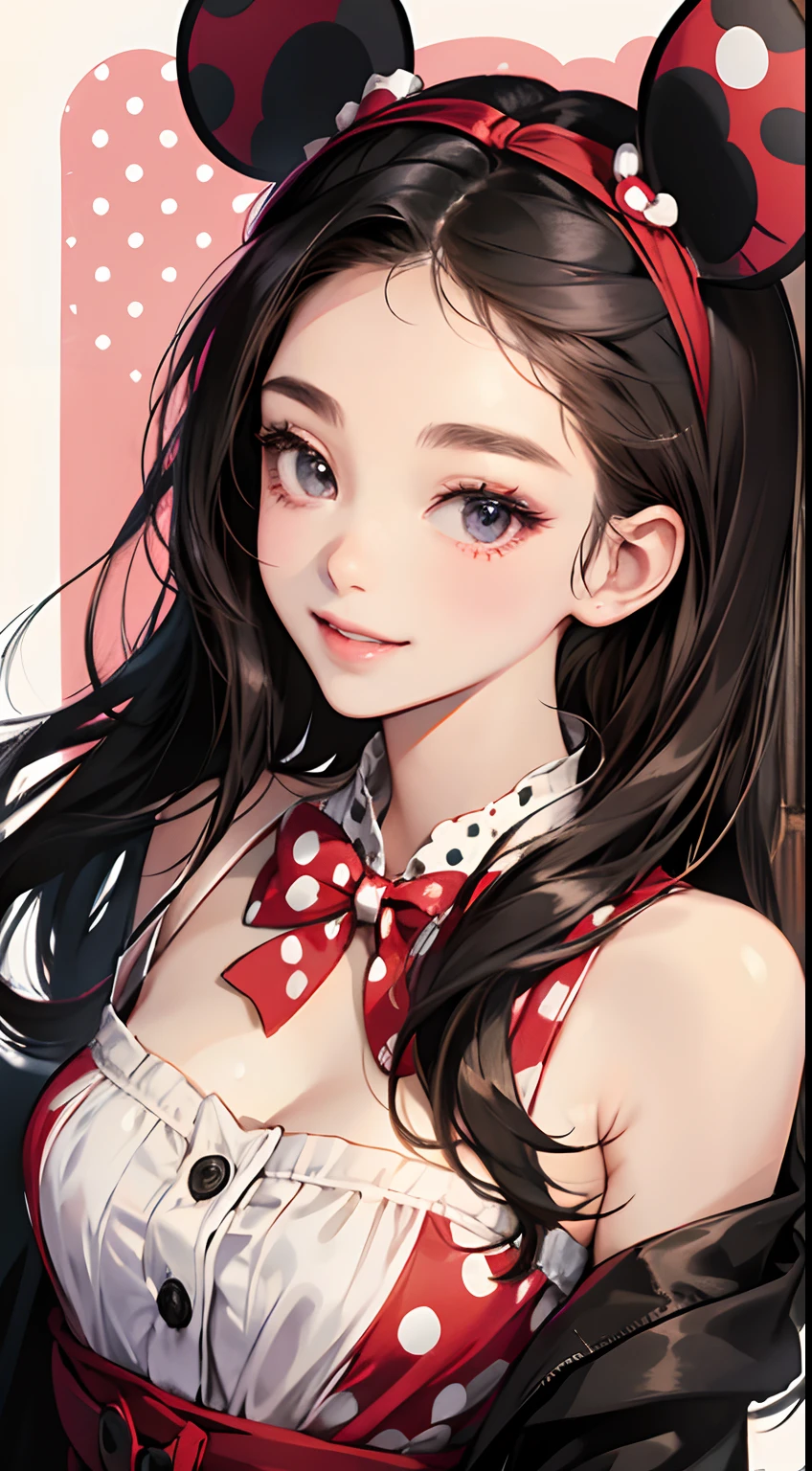 Beautiful woman in the same outfit as Minnie Mouse、smil、Dark hair、Black eyes、She wears a red ribbon with white polka dots on her head、The background is pop and cute...