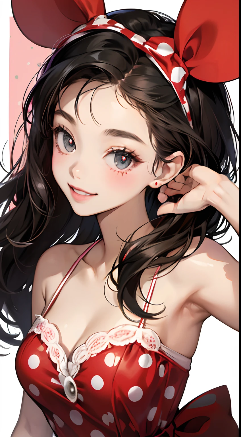 Beautiful woman in the same outfit as Minnie Mouse、smil、Dark hair、Black eyes、She wears a red ribbon with white polka dots on her head、The background is pop and cute..