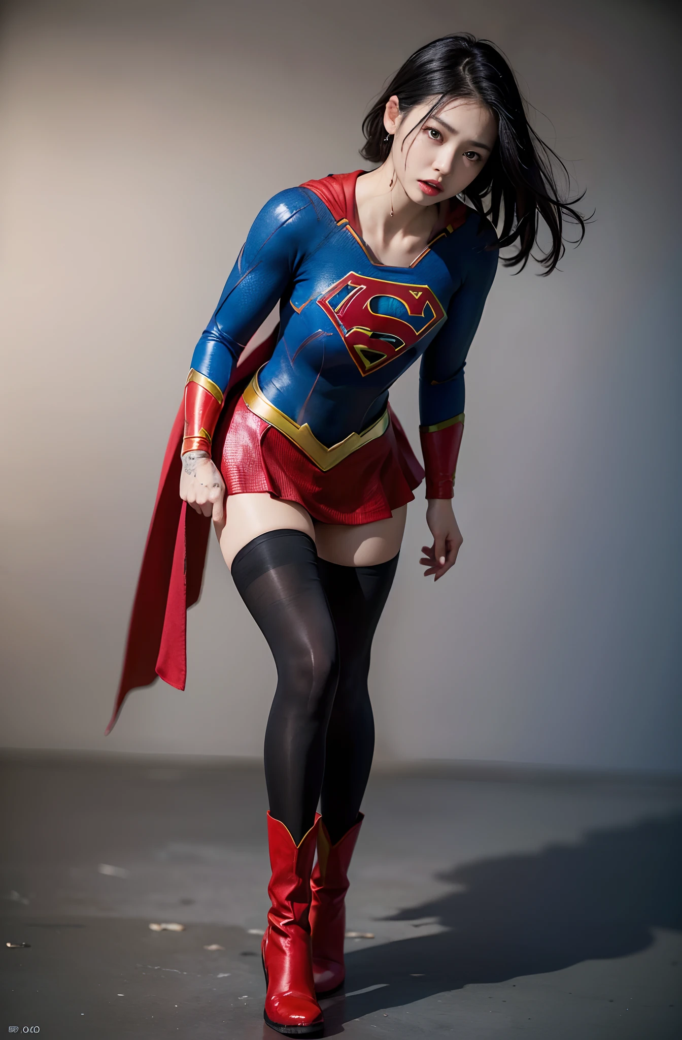 No background、(((Beautiful legs in black tights.)))、(((Legally express the beauty of your smile)))、((((Make the most of your original images)))、(((Body-hugging Supergirl costume)))、(((Supergirl Costume)))、(((Beautiful short hair)))、(((She is winking cutely.)))、(((Please wear black tights....、Wear red boots)))、((Best image quality、8k))、((highest quality、8k、masterpiece:1.3))、(((Preserve background )))、Sharp focus:1.2、Beautiful woman with perfect figure:1.4、Slim Abs:1.2、Wet body:1.5、Highly detailed face and skin texture、8k