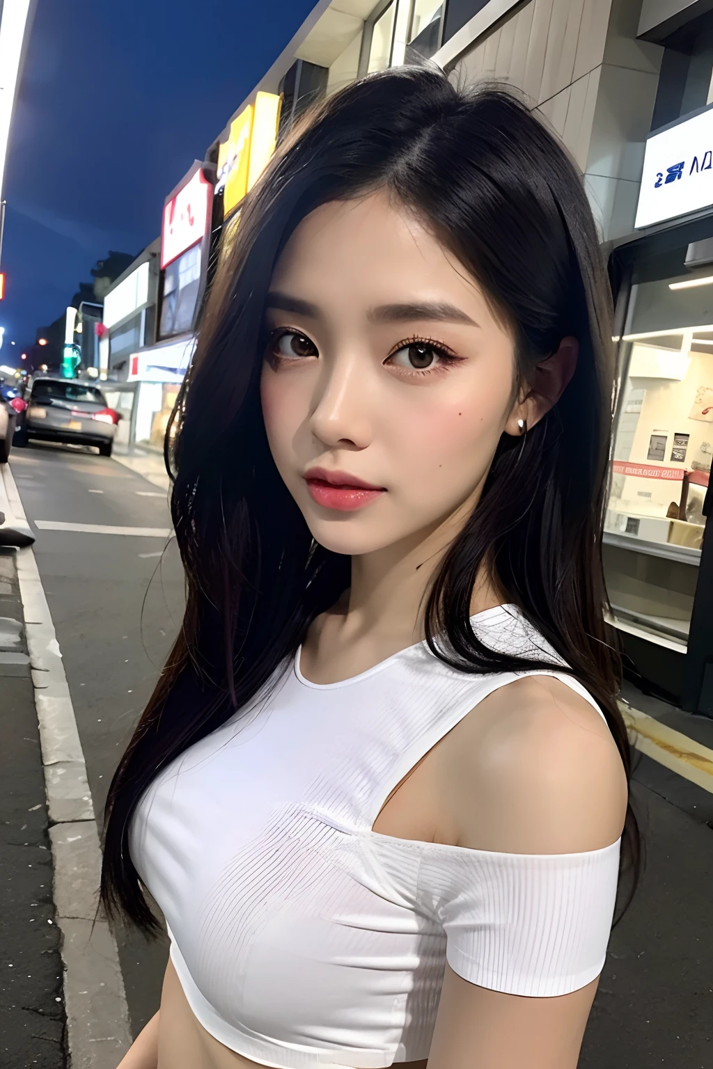 ((Realistic lighting, Best quality, 8K, Masterpiece: 1.3)), Clear focus: 1.2, 1girl, Perfect Figure: 1.4, Slim Abs: 1.1, ((Dark hair)), (White crop top: 1.4), (Outdoor, Night: 1.1), City streets, Super fine face, Fine eyes, Double eyelids, ria_sunda