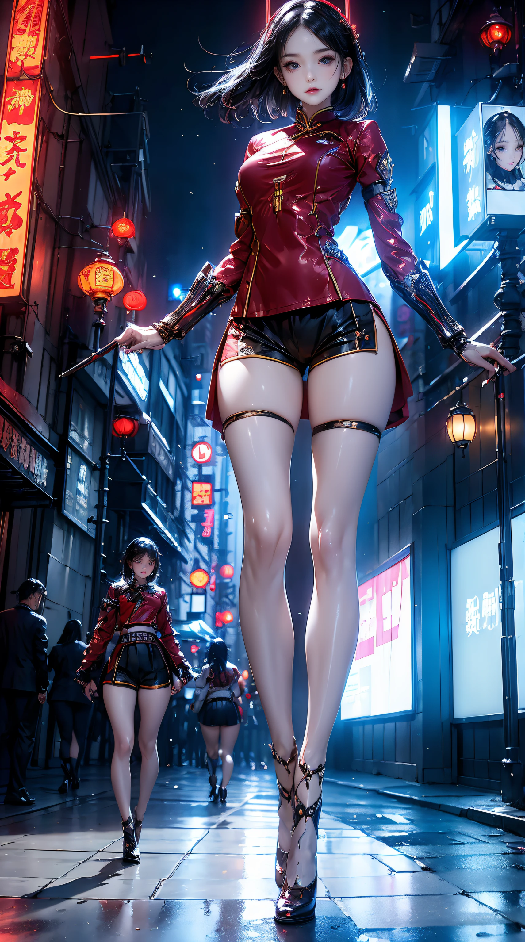 Masterpiece,Best quality,A high resolution, 1girll,From below,(Very thin and straight legs)，,(Very long legs，Straight legs),,High heels,long leges,standing on your feet, Long legs as seen from the front, Perfect body,with perfect legs,(exteriors)，full bodyesbian，cyber punk perssonage，dynamicposes，1girll，Elaborate Eyes，Brown eyes，eye shadows，putting makeup on，long whitr hair， 详细的脸， Detailed eyes， looking at viewert， blusher\（putting makeup on\）， full pouty lips， Redlip，（long whitr hair：1.3）， （standing on your feet）Mechanically static，Mechanical summoning，(hair adornments:1.1)，head gear，((((Red suit school uniform，Ultra shorts))))，(black lence stockings)，城市，Luminescent windings，With a long sword in his hand，arma，Cyberpunk lights:1.1)，neonlight，Fully mechanical and futuristic elements，technologies，The background is a traditional Chinese street，china town， the street， Skysky， cyber punk perssonage， paper lanterns， Neon Super Resolution，（真实感：1.3），1（Slim：1.2），dramatic lights，vibrant detail，Luxurious cyberpunk，the complex background，rendering by octane，