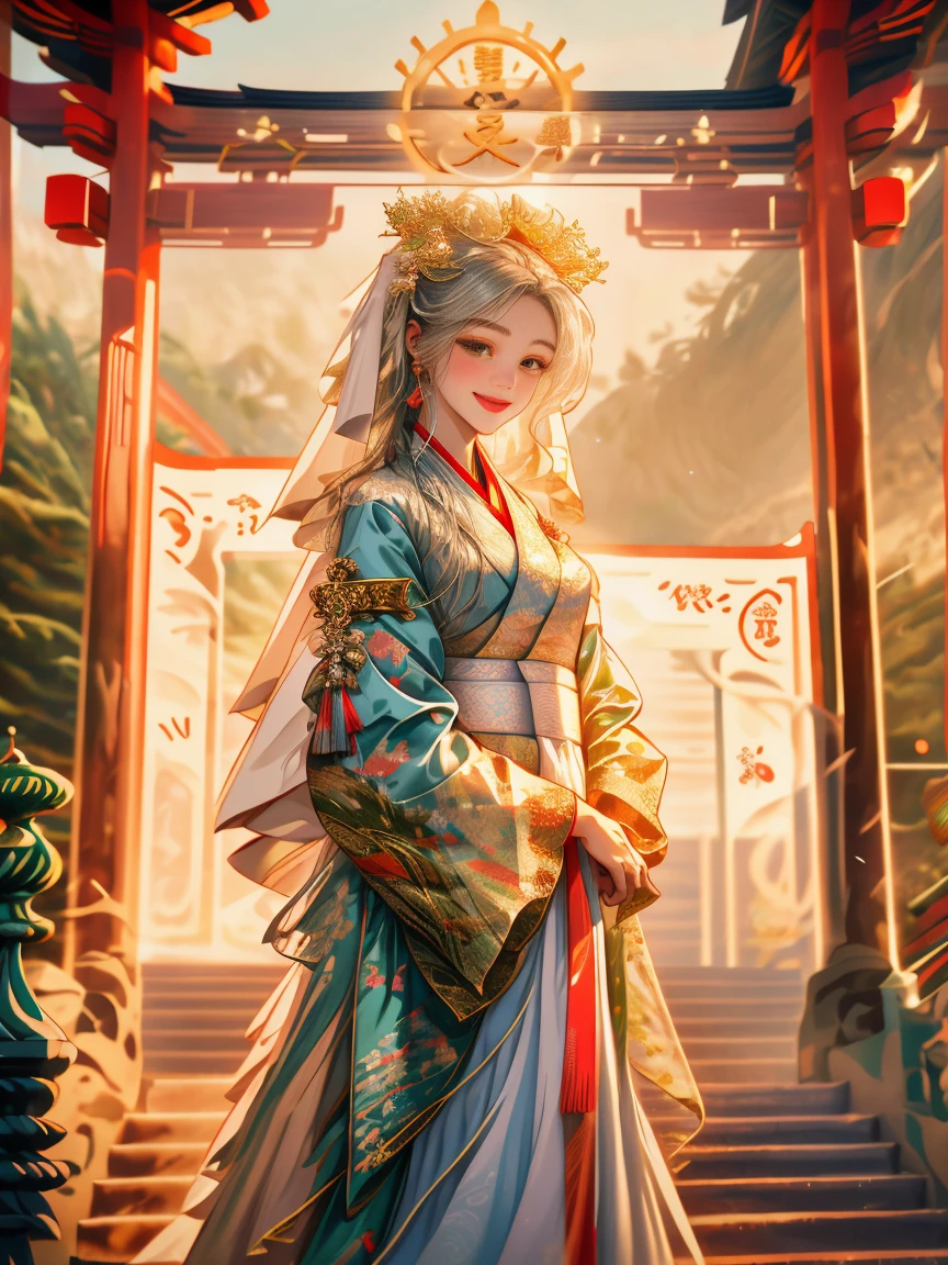 One in a green dress，Close-up of a woman wearing a white veil, Palace ， A girl in Hanfu, Guviz-style artwork, Chinese girl, Guviz, White Hanfu, Beautiful character painting, dressed in simple robes, a serene smile, Realistic anime 3 D style, Hanfu, trending on cgstation, beautiful avatar picture, 8K))