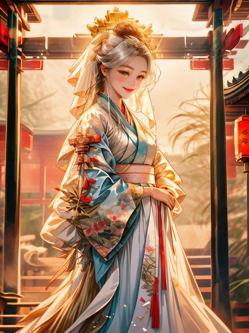 One in a green dress，Close-up of a woman wearing a white veil, Palace ， A girl in Hanfu, Guviz-style artwork, Chinese girl, Guviz, White Hanfu, Beautiful character painting, dressed in simple robes, a serene smile, Realistic anime 3 D style, Hanfu, trending on cgstation, beautiful avatar picture, 8K))
