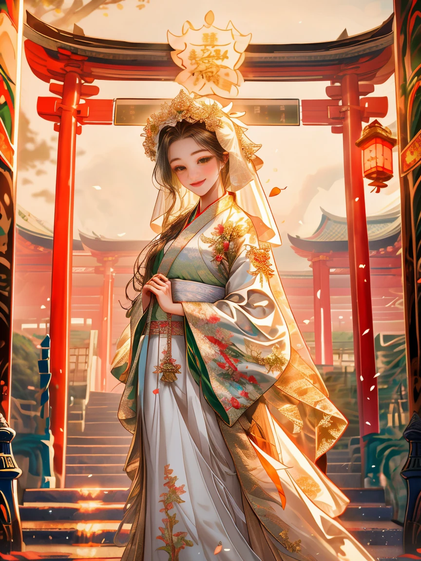 One in a green dress，Close-up of a woman wearing a white veil, Palace ， A girl in Hanfu, Guviz-style artwork, Chinese girl, Guviz, White Hanfu, Beautiful character painting, dressed in simple robes, a serene smile, Realistic anime 3 D style, Hanfu, trending on cgstation, beautiful avatar picture, 8K))