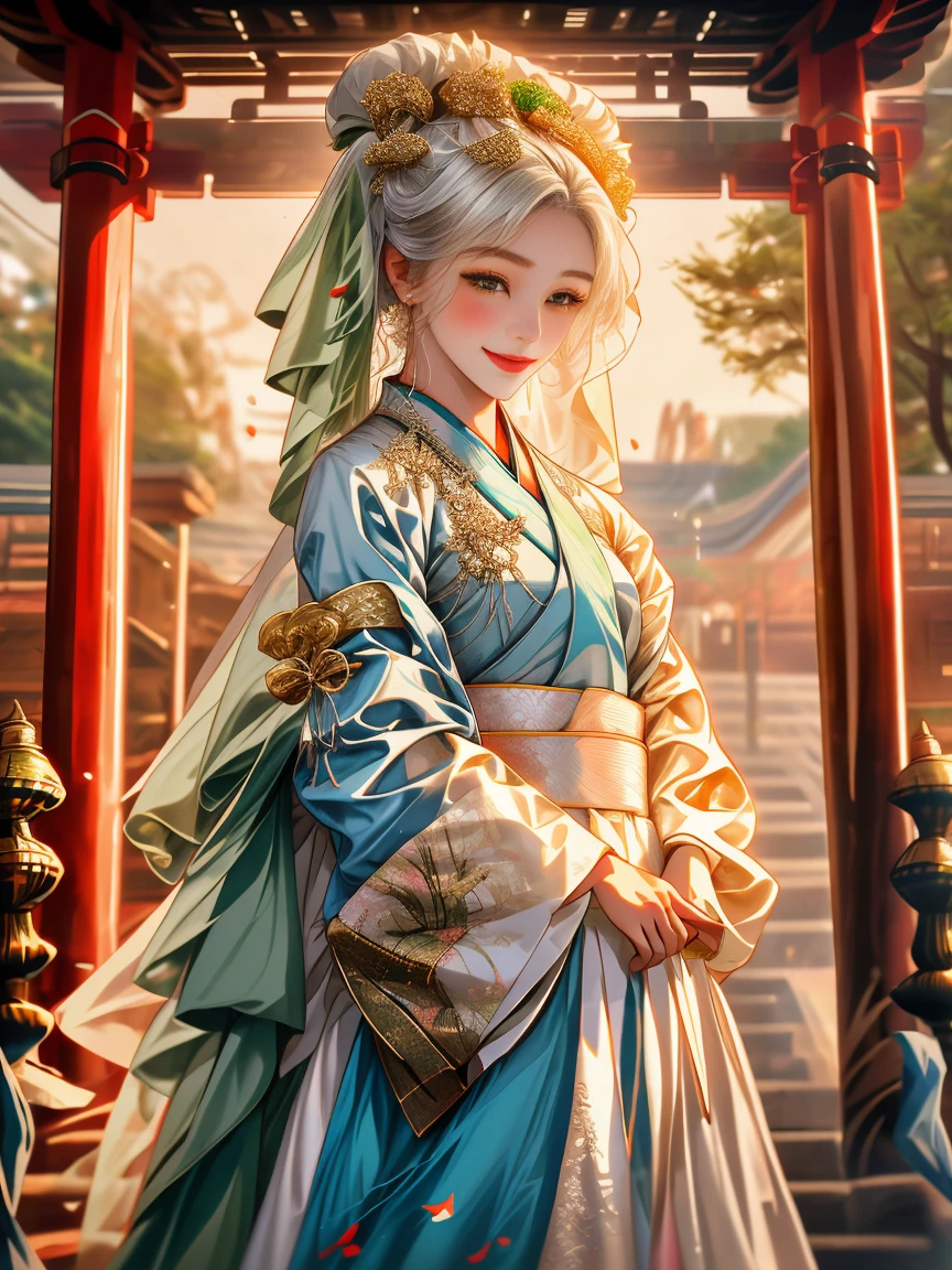 One in a green dress,Close-up of a woman wearing a white veil, Palace , A girl in Hanfu, Guviz-style artwork, Chinese girl, Guviz, White Hanfu, Beautiful character painting, dressed in simple robes, a serene smile, Realistic anime 3 D style, Hanfu, trending on cgstation, beautiful avatar picture, 8K))
