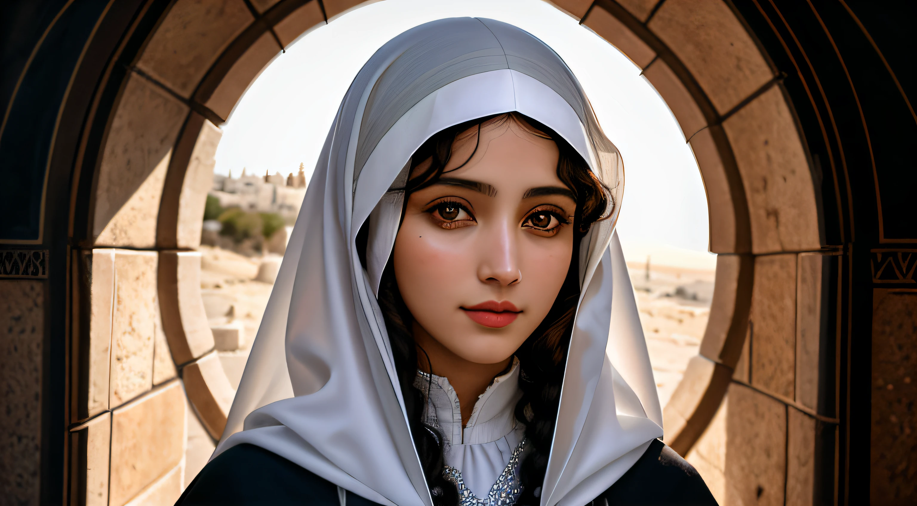 A symmetrical portrait of a woman called Mary, mother of Jesus, Palestinian, Mary was a dark, beautiful woman, had large eyes, a thin nose and chin, thick lips and long, curly hair. wearing a tunic and covering her hair, high details, photography , edge light, Nikon D850 |, 50mm, F/1.4