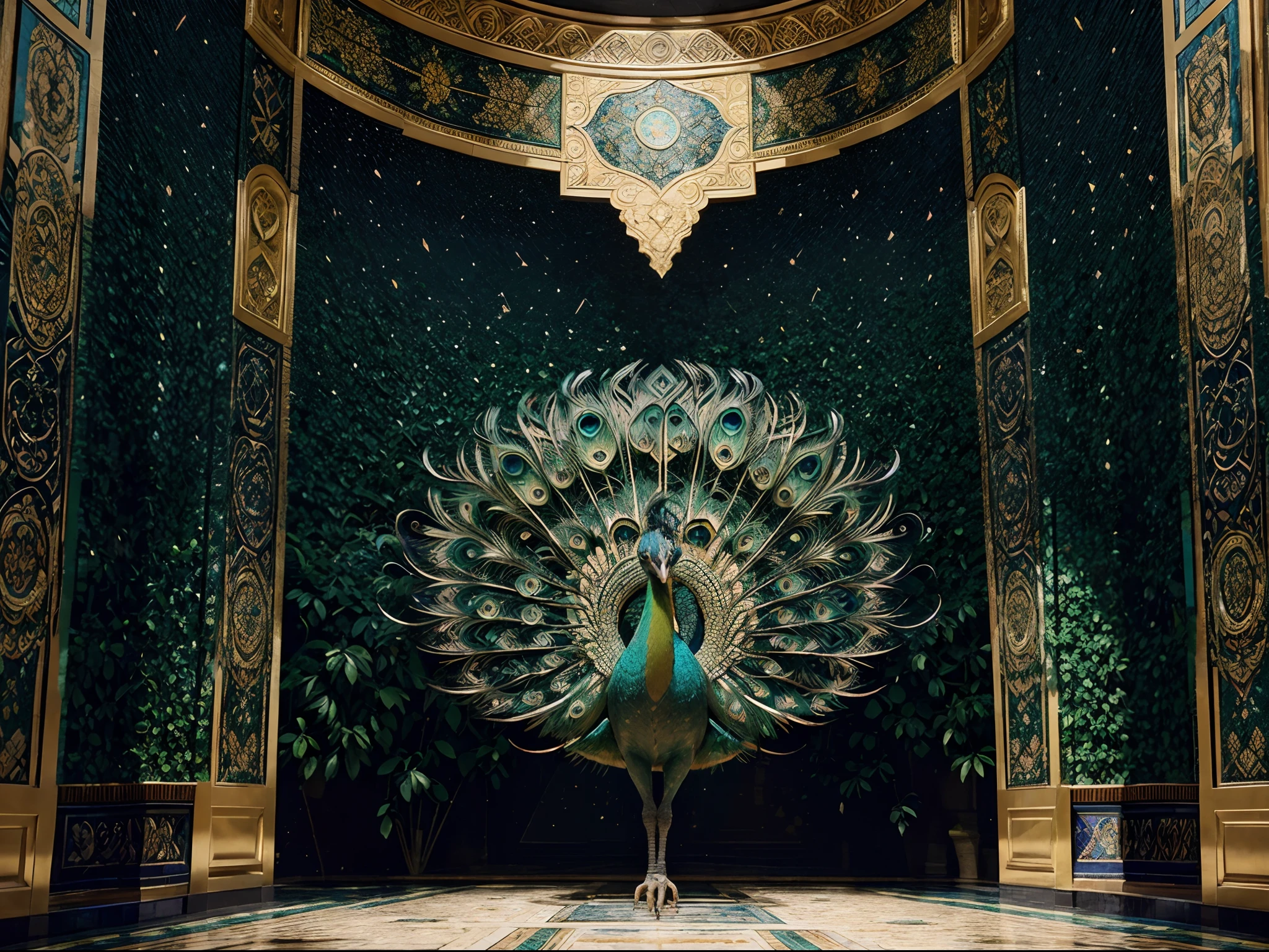 A vividly intricate mosaic, every tile reveals a mesmerizing blend of colors and shapes, expertly pieced together to form a breathtaking image. The main subject, a regal peacock, is beautifully depicted with intricate patterns and vibrant hues, its feathers showcasing stunning shades of emerald greens, sapphire blues, and golden yellows. The mosaic, a masterful work of art, captures the intricate details of the peacock's feathers in a way that mesmerizes viewers. The level of craftsmanship is evident in the precision of each tile and the flawless composition of the overall image. This exquisite piece of art, whether a mosaic painting or an intricate mosaic sculpture, exudes a sense of elegance and sophistication, elevating any space it adorns.