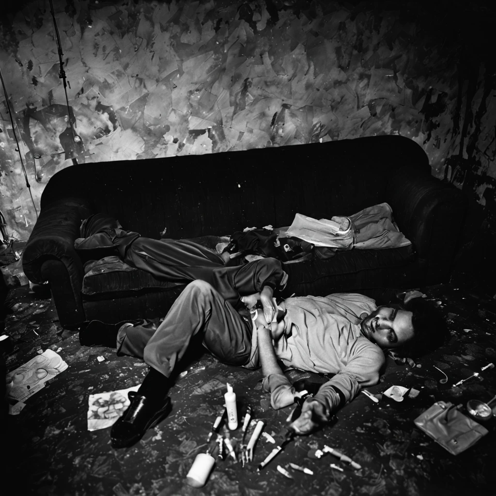 drug addict lying in a (shabby:1.3) sofa, inside a squat, shadows, (syringe:1.3) next to candle light, 1979, hilford hp5+; film grain