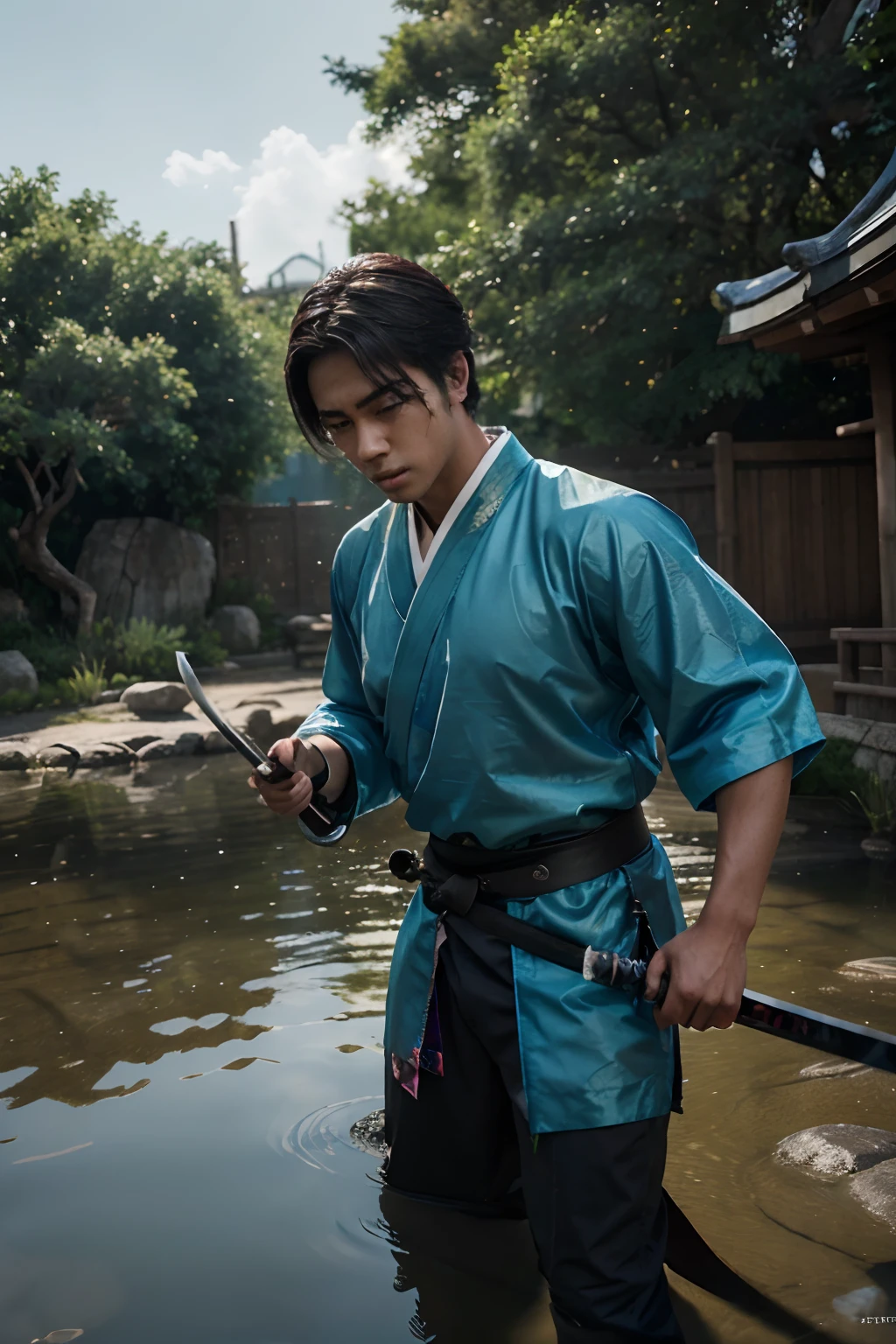 (Photorealistic: 1.2, Best Quality, 8k, Wet: 1.3), (Man, 20 years old, Soji Okita, Yukata, Sword Waving, Dynamic Pose, Samurai, Sweat: 1.2, Wet: 1.2), Actor, Muscle, Long Hair, (Film Lighting), Tan, Soft Light, Double Eyelids, (Seductive), (((excited))