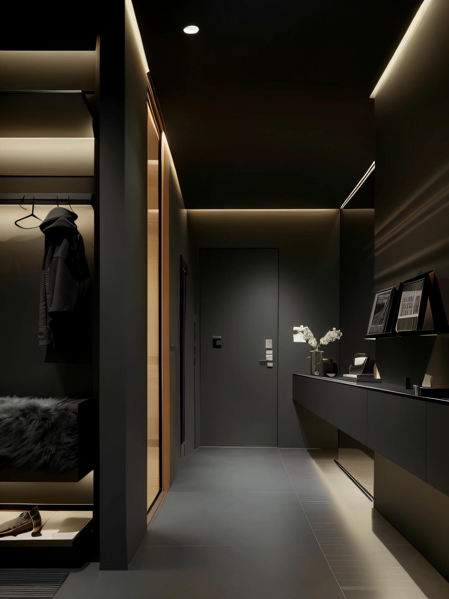 Close-up of the hallway，There are black walls and black counters, cinematic accent lighting, Dark interior, apartment with black walls, dark and modern, Award-winning dark lighting, Dramatic contrasting lighting, Dynamic and atmospheric lighting, dark volumetric lighting, 8 k''. voluminetric lighting. Dark, Dramatic ambient lighting, Black color scheme, Dark color scheme, dramatic lighting render