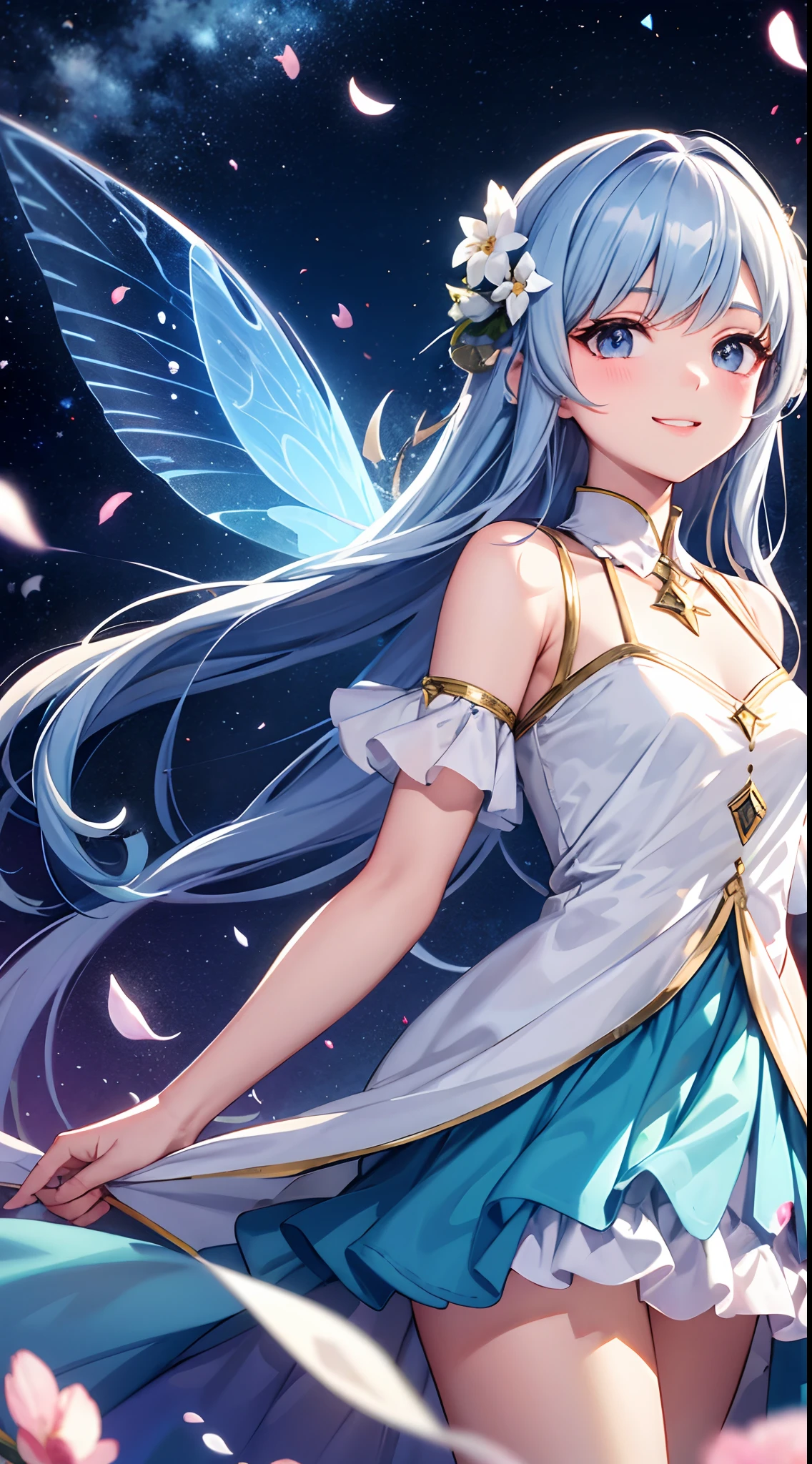 Girl with rainbow butterfly wings on her shoulders,full moon,length,Curly Hair,Vertical Roll,blonde,blue eyes,White Dress,1 adult female,Lady,Dancing,Silver Hair