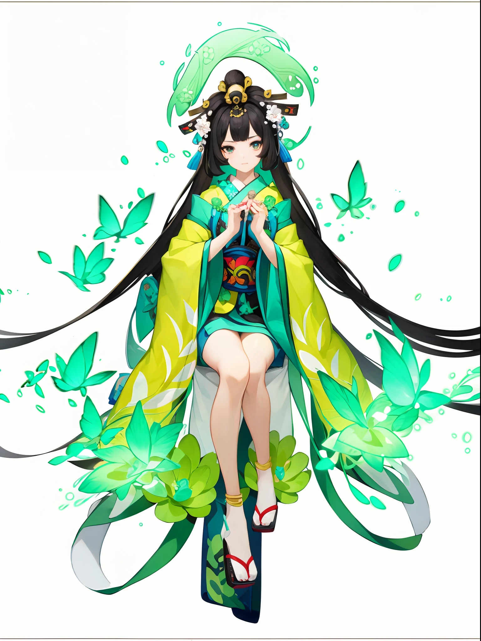 Solo girl, Full body portrait style, Has clear facial features. She wears hair accessories, Sit on an unfolded scroll, （Unfolded reels）There are flowers and birds, The overall design should be concise，with clean lines. The character design should have elements of the Japanese woodblock printing style. A meticulous work of art that blends traditional Japanese elements with the game of Onmyoji. Use flat colors to enhance the composition，tmasterpiece, Showcase top quality and high resolution. Extremely delicate and delicate facial features，Accentuate the beautiful eyes and face.