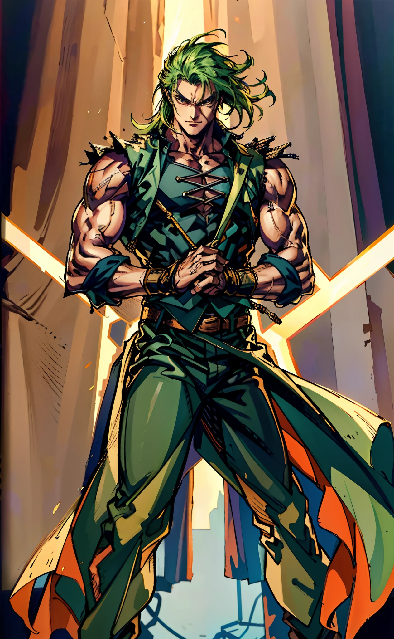 A young man, long orange-green hair, with the lengthy hair bangs covering most of his face, a fierce gaze, a wild smile, a red stripe on the side of his face, a loose and simple sleeveless dark vest, exposing his sturdy muscles, wearing fabric wrist guards, coarse cloth trousers matching the outfit, he clenches his fists in front of his chest, assuming a combat-ready stance, the backdrop features a bustling market in a medieval fantasy-style setting, this character embodies a finely crafted fantasy-style street thug in anime style, characterized by an exquisite and mature manga illustration art style, high definition, best quality, highres, ultra-detailed, ultra-fine painting, extremely delicate, professional, anatomically correct, symmetrical face, extremely detailed eyes and face, high quality eyes, creativity, RAW photo, UHD, 8k, Natural light, cinematic lighting, masterpiece-anatomy-perfect, masterpiece:1.5