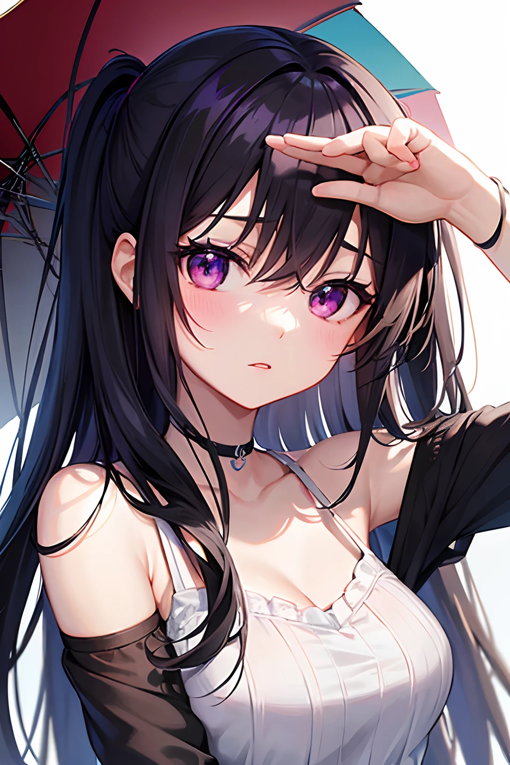 Create a stunning fashion portrait of an anime girl with long black hair and captivating purple eyes. Give her a cute and moe artstyle, with smooth CG art and a hint of gapmoe yandere. Draw inspiration from Hinata Hyuga, focusing on her beautiful face. Infuse the artwork with a mix of realistic anime and high school girl aesthetics. Zoom in for a close-up shot, capturing the essence of Iwakura Lain. --ar 16:9 --v 5.2