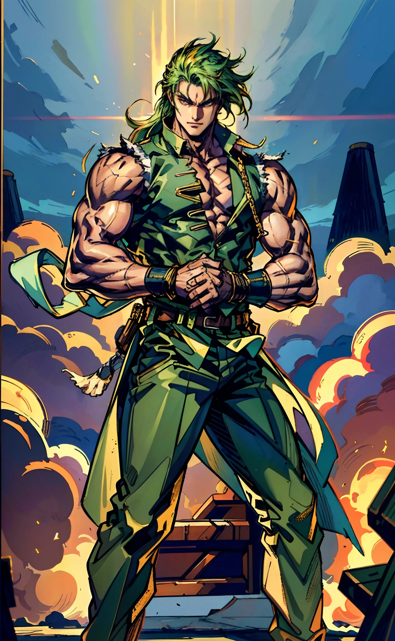 A young man, long orange-green hair, with the lengthy hair bangs covering most of his face, a fierce gaze, a wild smile, a red stripe on the side of his face, a loose and simple sleeveless dark vest, exposing his sturdy muscles, wearing fabric wrist guards, coarse cloth trousers matching the outfit, he clenches his fists in front of his chest, assuming a combat-ready stance, the backdrop features a bustling market in a medieval fantasy-style setting, this character embodies a finely crafted fantasy-style street thug in anime style, characterized by an exquisite and mature manga illustration art style, high definition, best quality, highres, ultra-detailed, ultra-fine painting, extremely delicate, professional, anatomically correct, symmetrical face, extremely detailed eyes and face, high quality eyes, creativity, RAW photo, UHD, 8k, Natural light, cinematic lighting, masterpiece-anatomy-perfect, masterpiece:1.5