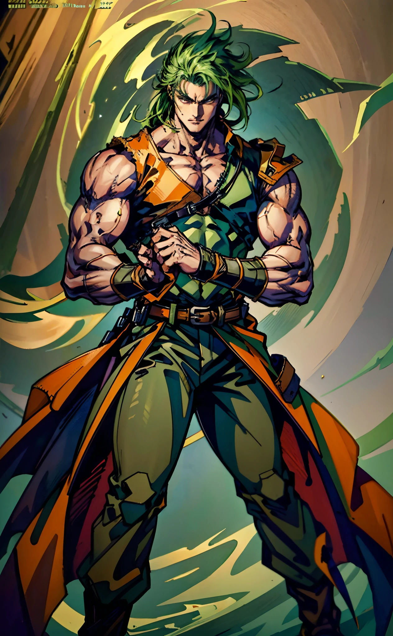 A young man, long orange-green hair, with the lengthy hair bangs covering most of his face, a fierce gaze, a wild smile, a red stripe on the side of his face, a loose and simple sleeveless dark vest, exposing his sturdy muscles, wearing fabric wrist guards, coarse cloth trousers matching the outfit, he clenches his fists in front of his chest, assuming a combat-ready stance, the backdrop features a bustling market in a medieval fantasy-style setting, this character embodies a finely crafted fantasy-style street thug in anime style, characterized by an exquisite and mature manga illustration art style, high definition, best quality, highres, ultra-detailed, ultra-fine painting, extremely delicate, professional, anatomically correct, symmetrical face, extremely detailed eyes and face, high quality eyes, creativity, RAW photo, UHD, 8k, Natural light, cinematic lighting, masterpiece-anatomy-perfect, masterpiece:1.5
