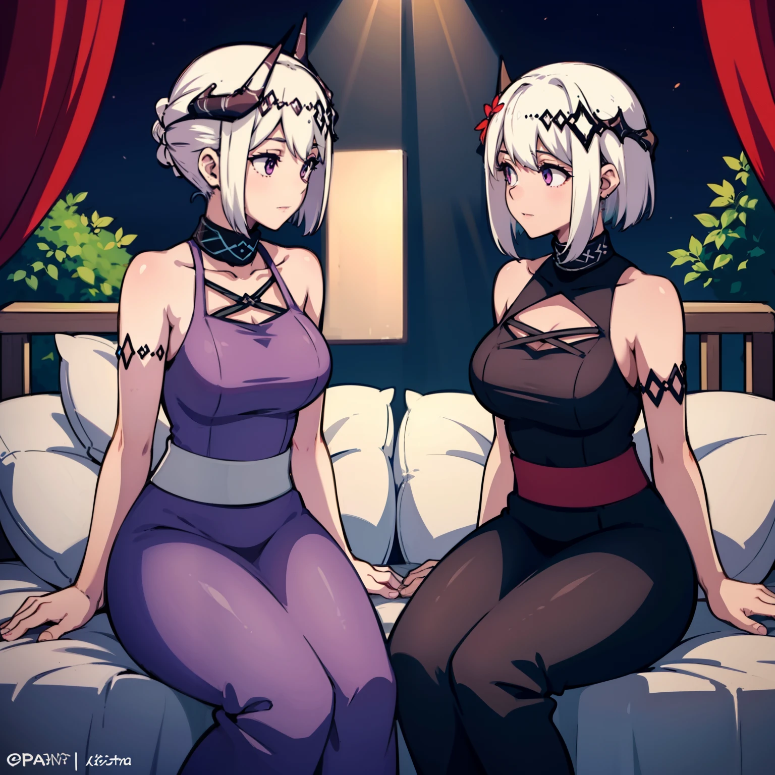 Xianxia，2girls，White hair，Purple eye，glowing light eyes，Cut the top，a skirt，parted lip，Be red in the face，the night，fresh flowers，suns，rays of sunshine，The two girls kissed each other，One girl pressed the other girl to the bed，Look at each other affectionately，cultivating immortals